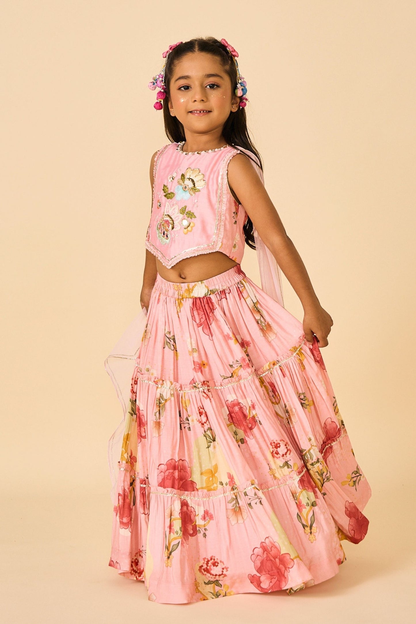 Rose Jaipur Girls Embellished Veil Top & Tiered Skirt ( 2 Pc Set)