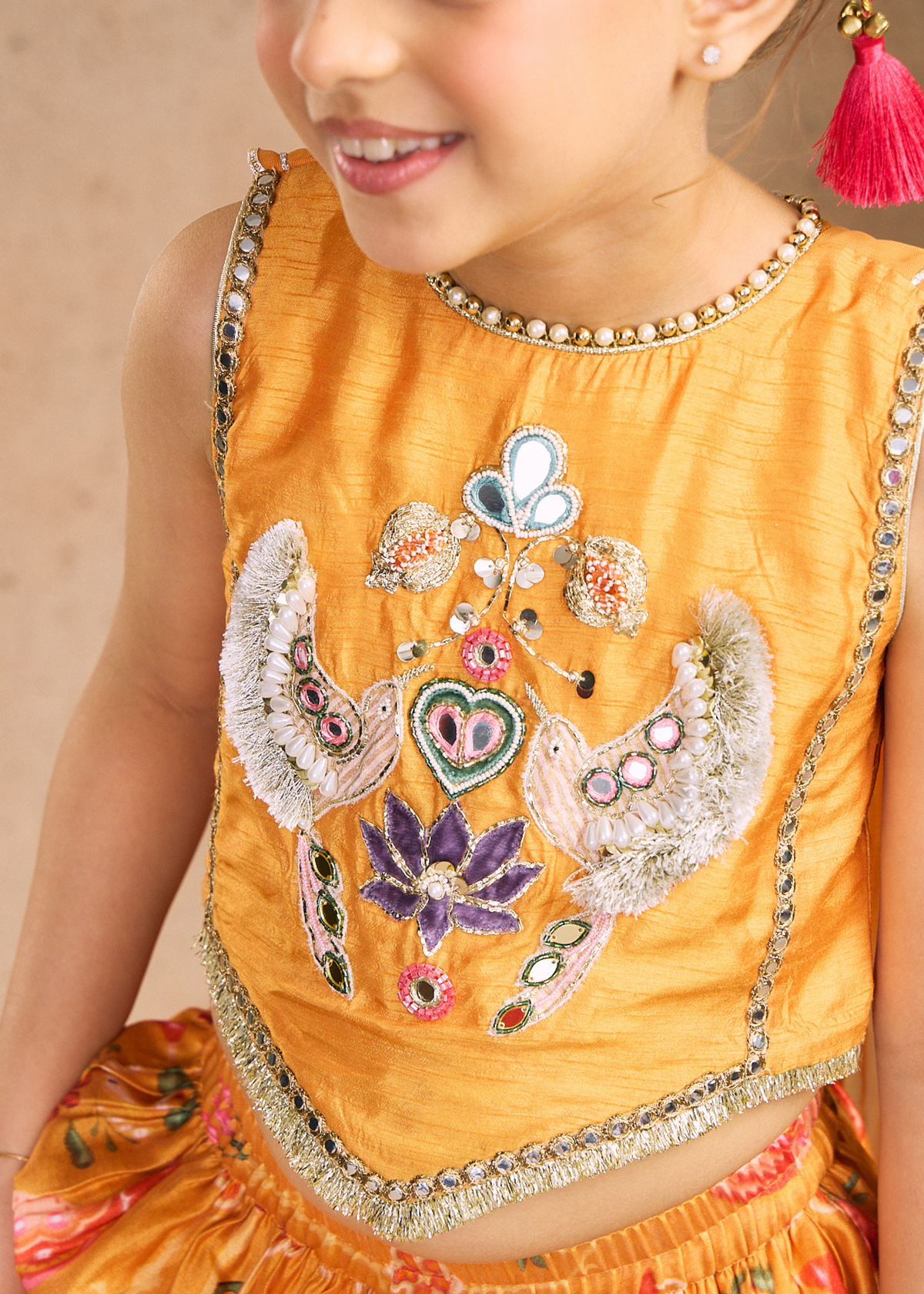 Nella Orange Girls Embellished Crop Top & Skirt (Set of 2 pcs)