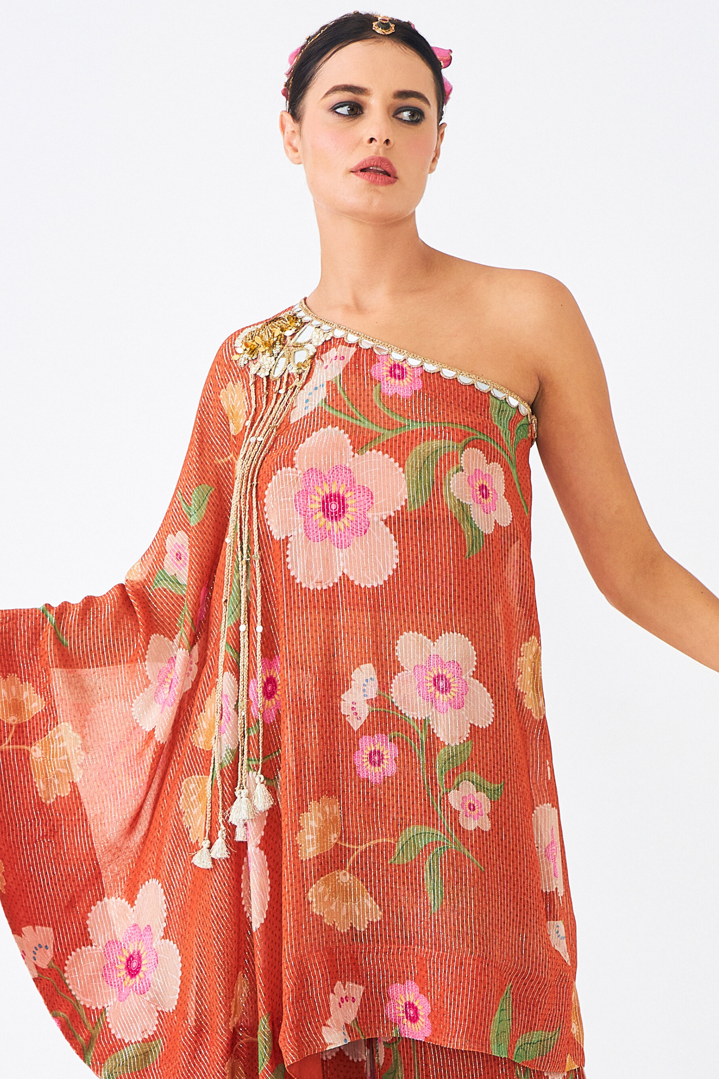 Riva Ladies Embellished Tunic With Flared Trousers  (Set of 3 Pcs)