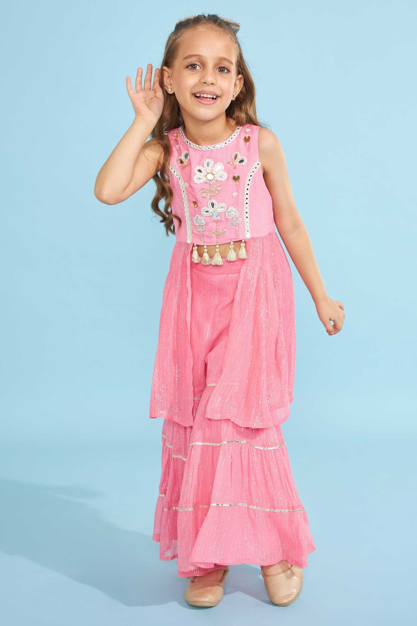 Bubble Pink Hearts Girls Embellished Tunic With Layered Palazzos (2 Pc Set)