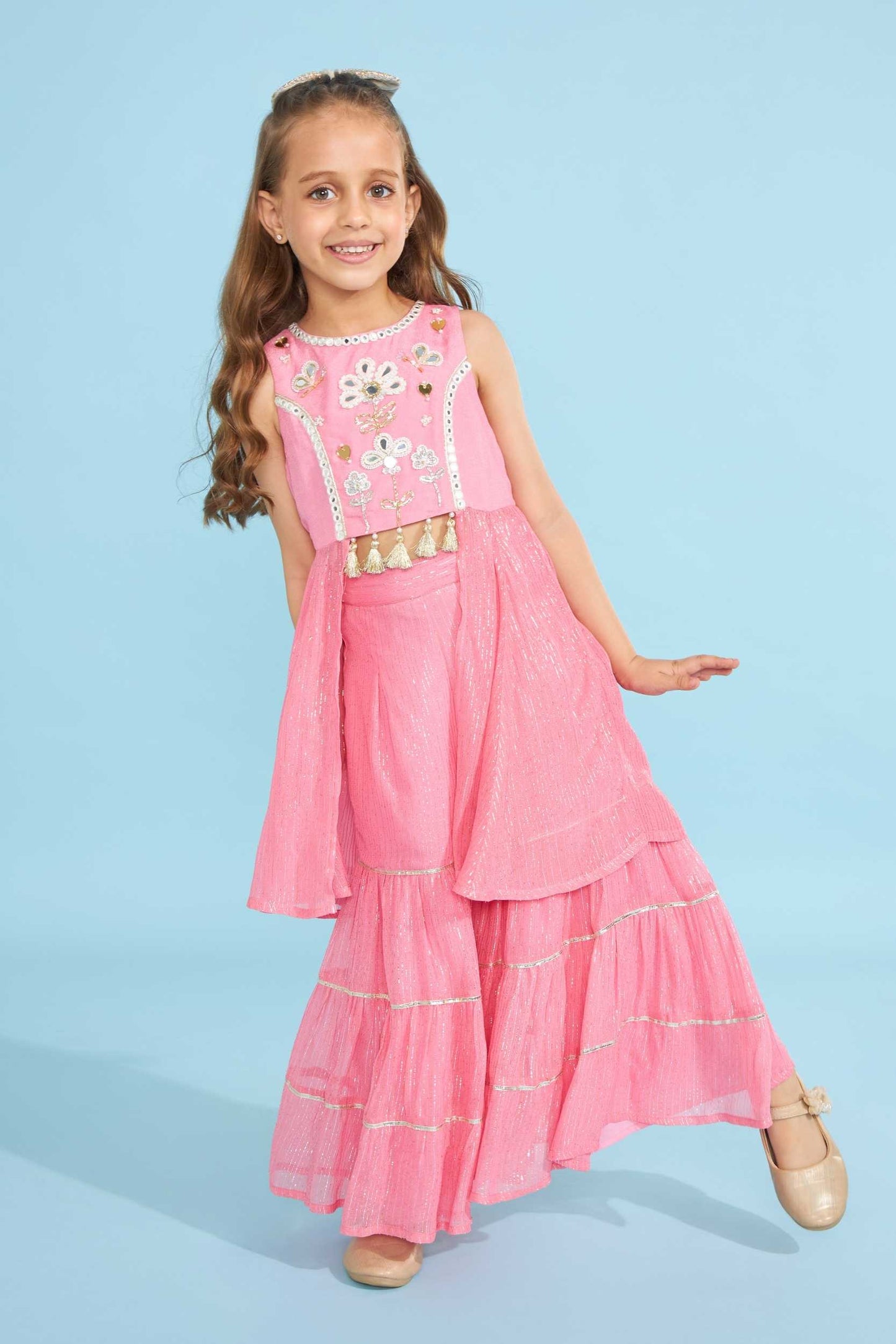 Bubble Pink Hearts Girls Embellished Tunic With Layered Palazzos (2 Pc Set)