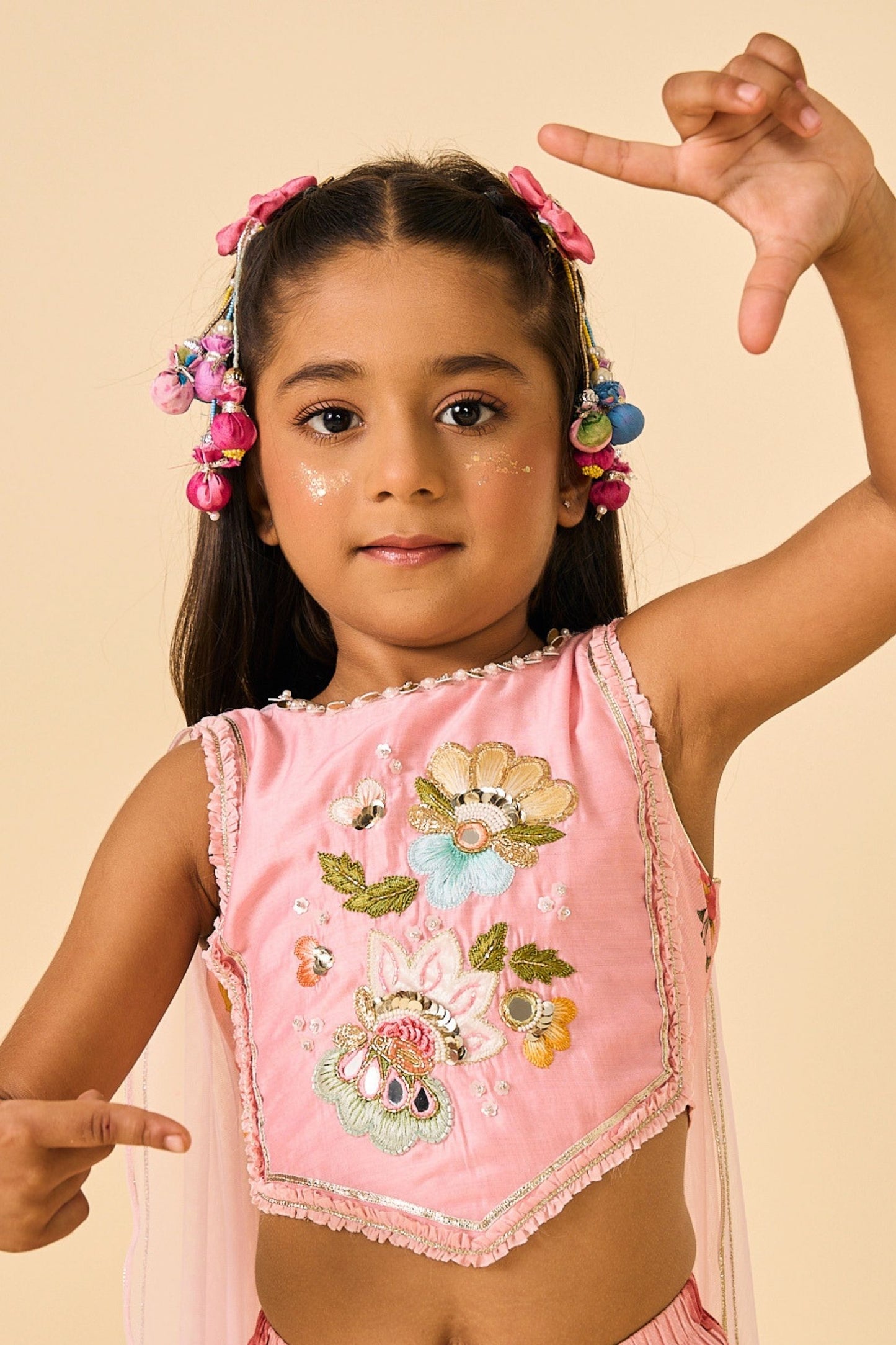 Rose Jaipur Girls Embellished Veil Top & Tiered Skirt ( 2 Pc Set)