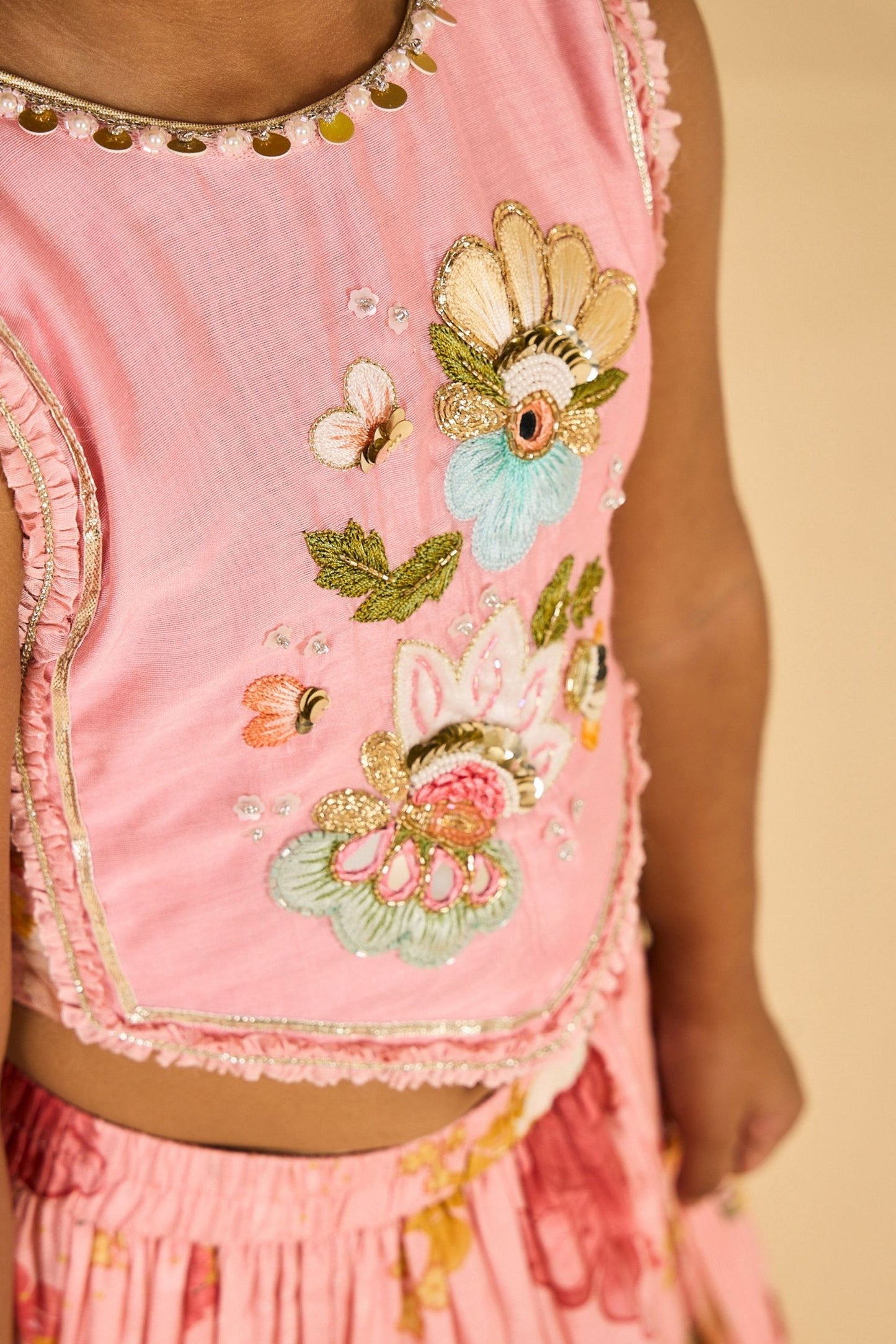 Rose Jaipur Girls Embellished Veil Top & Tiered Skirt ( 2 Pc Set)
