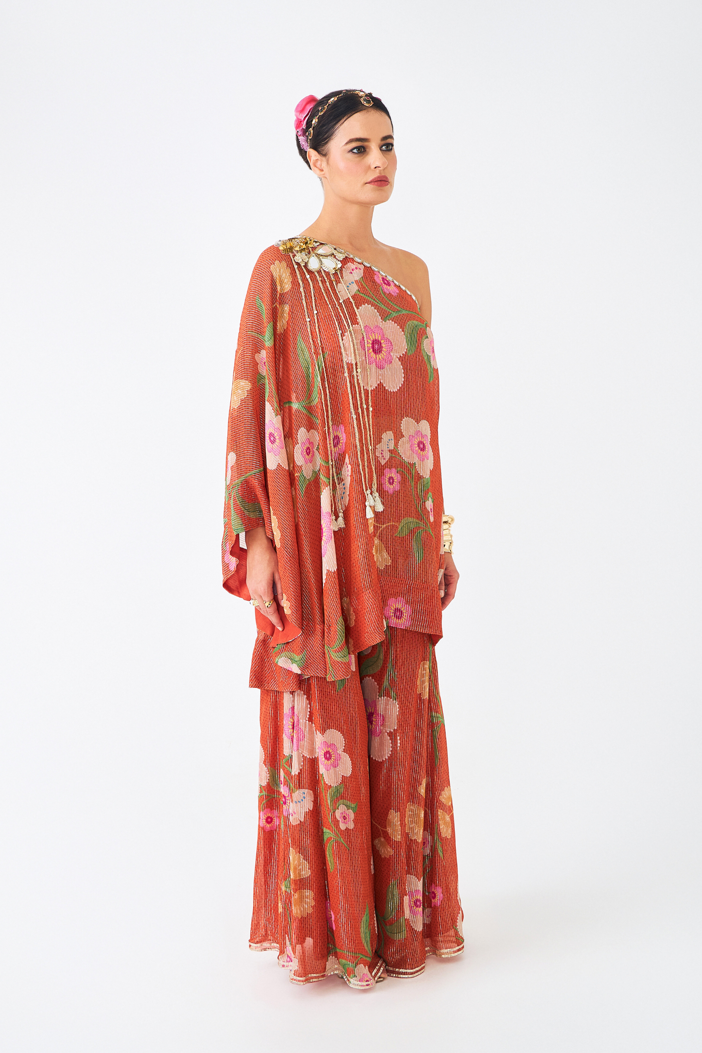 Riva Ladies Embellished Tunic With Flared Trousers  (Set of 3 Pcs)