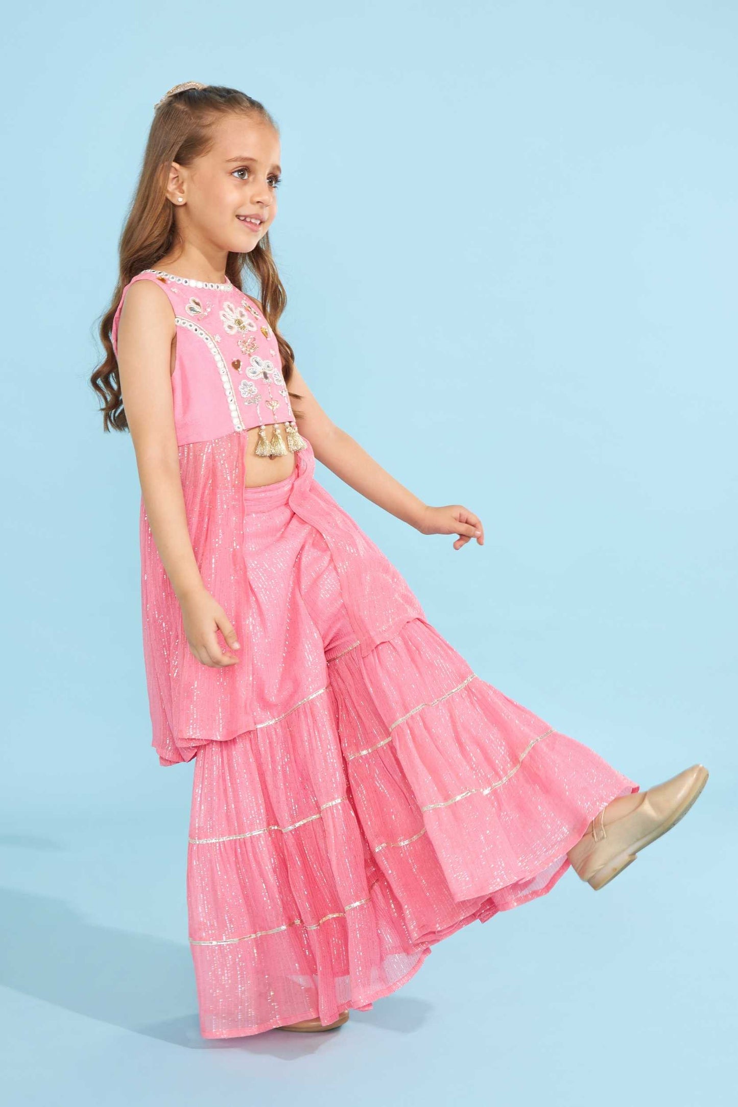 Bubble Pink Hearts Girls Embellished Tunic With Layered Palazzos (2 Pc Set)