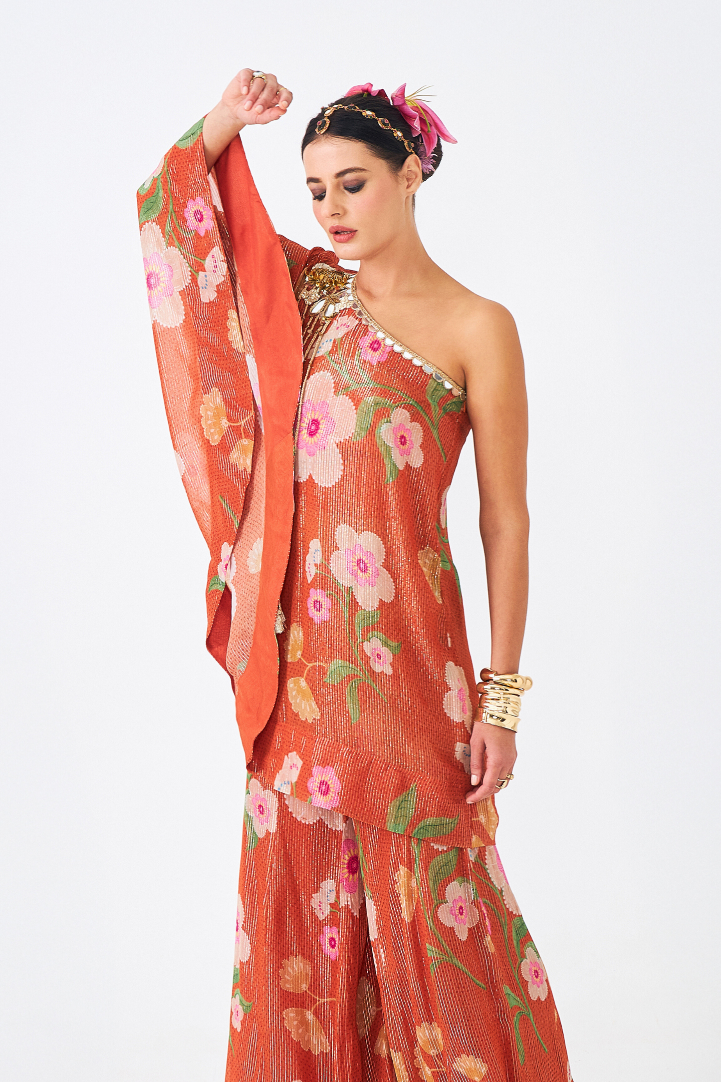 Riva Ladies Embellished Tunic With Flared Trousers  (Set of 3 Pcs)