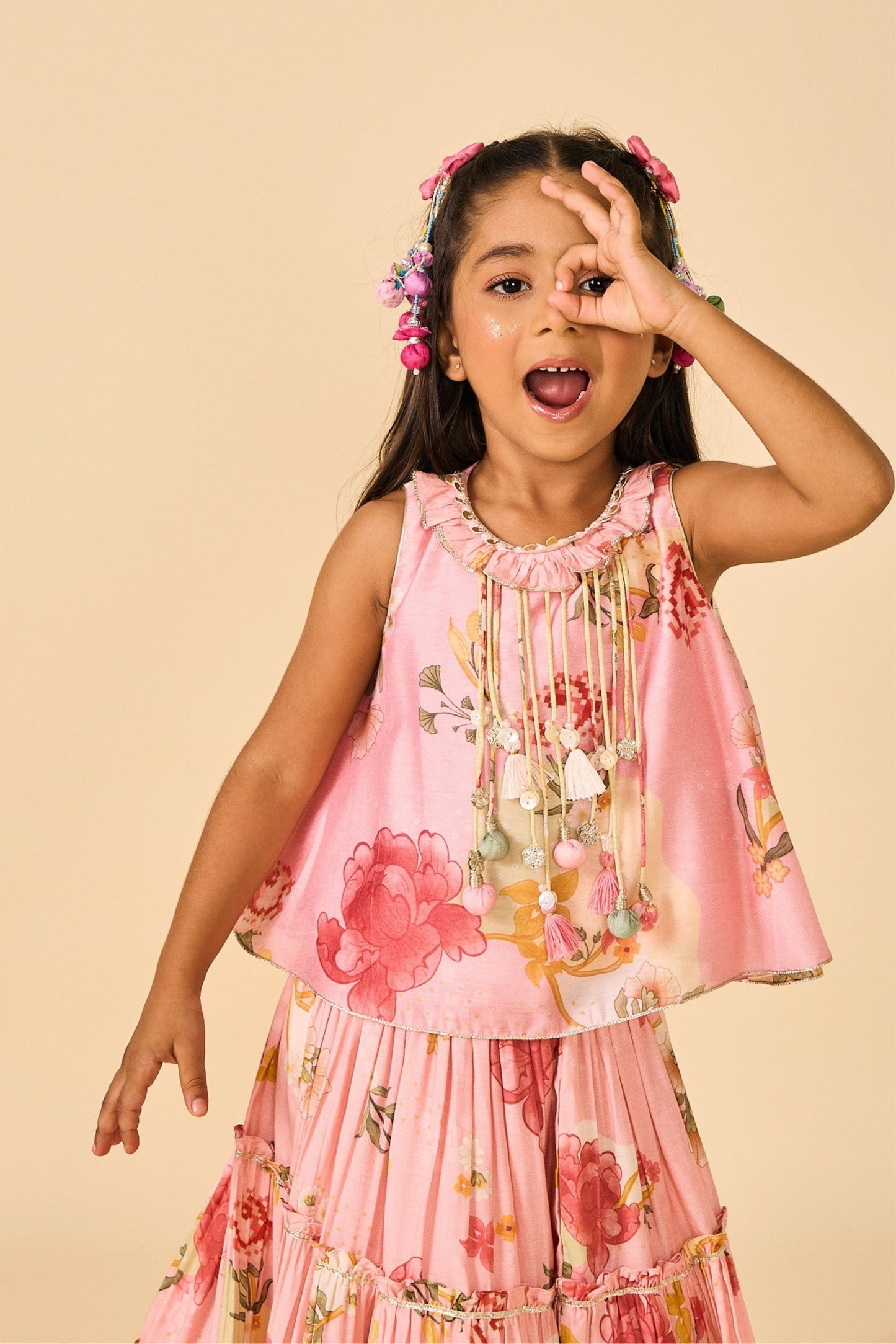 Rose Jaipur Fringe Top With Tiered Skirt ( 2 Pc Set)
