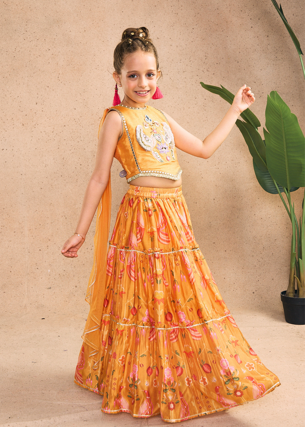 Nella Orange Girls Embellished Crop Top & Skirt (Set of 2 pcs)