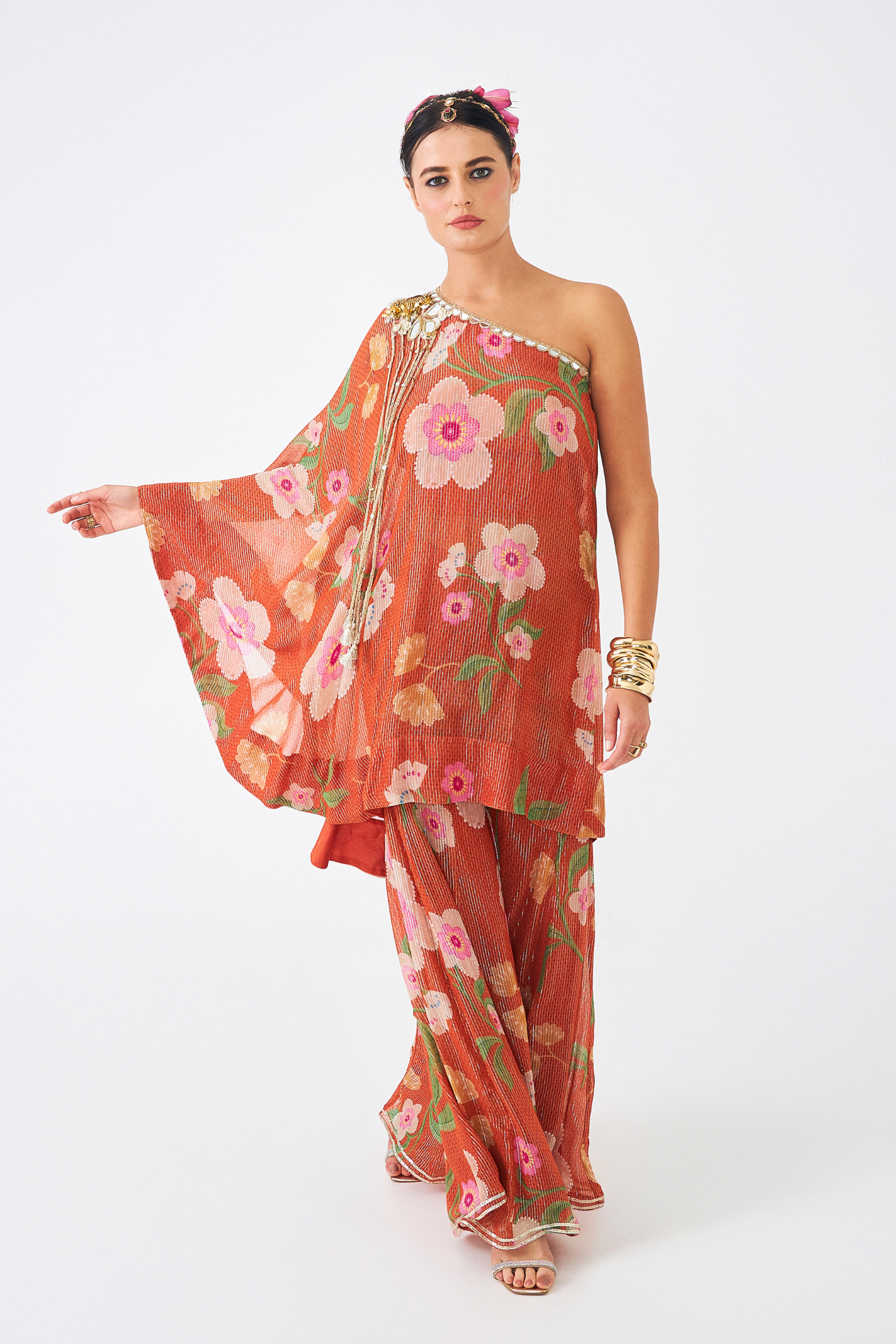 Riva Ladies Embellished Tunic With Flared Trousers  (Set of 3 Pcs)