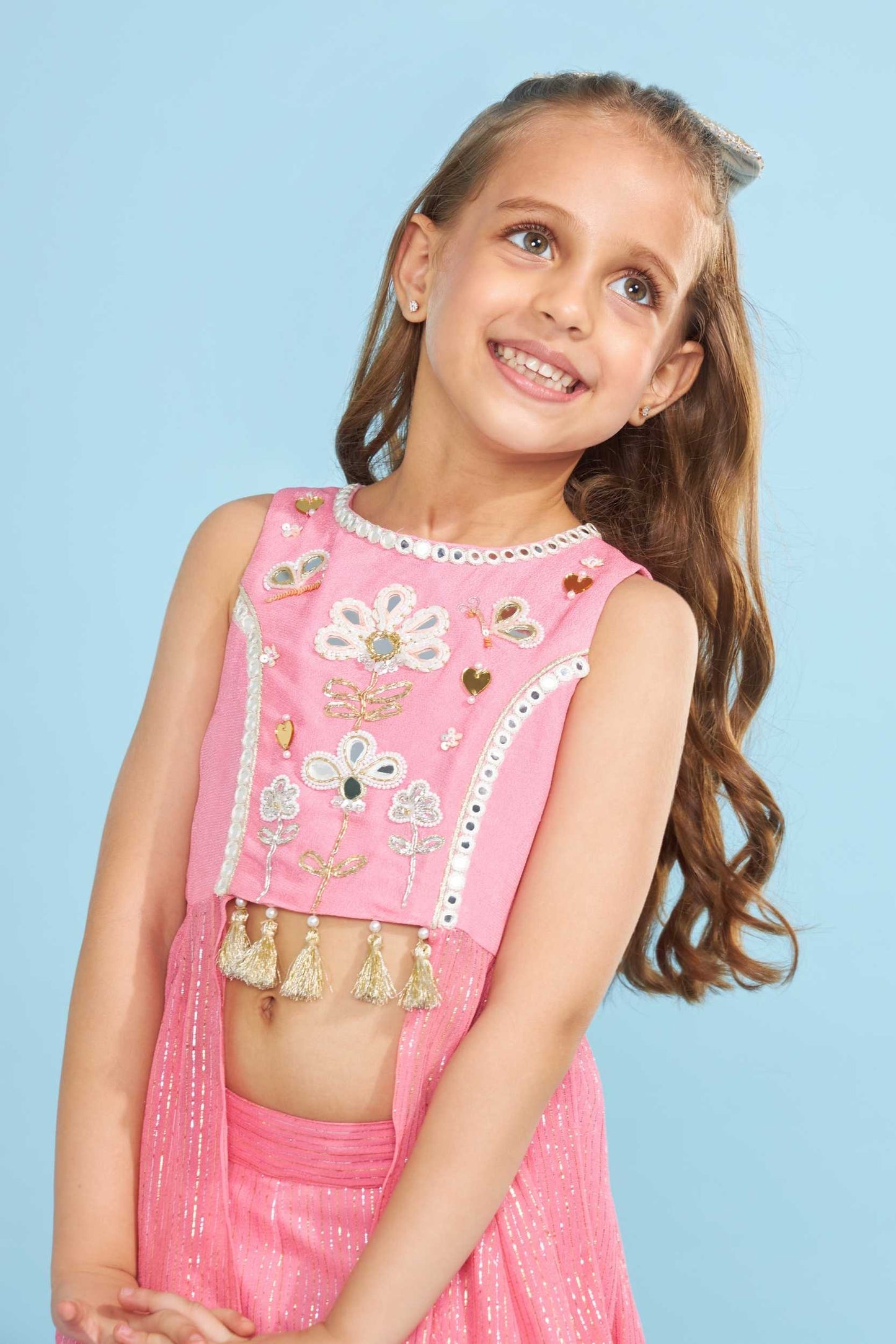 Bubble Pink Hearts Girls Embellished Tunic With Layered Palazzos (2 Pc Set)