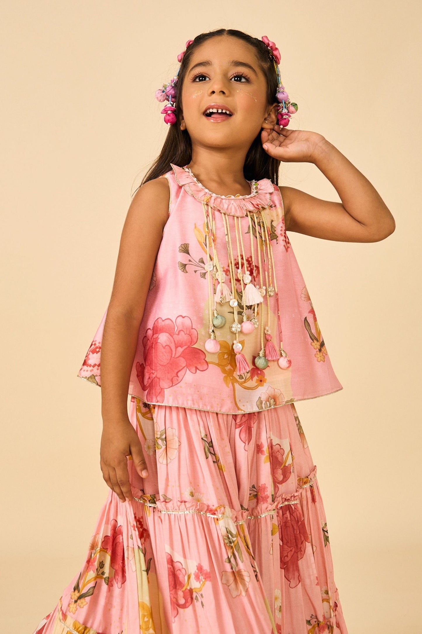 Rose Jaipur Fringe Top With Tiered Skirt ( 2 Pc Set)