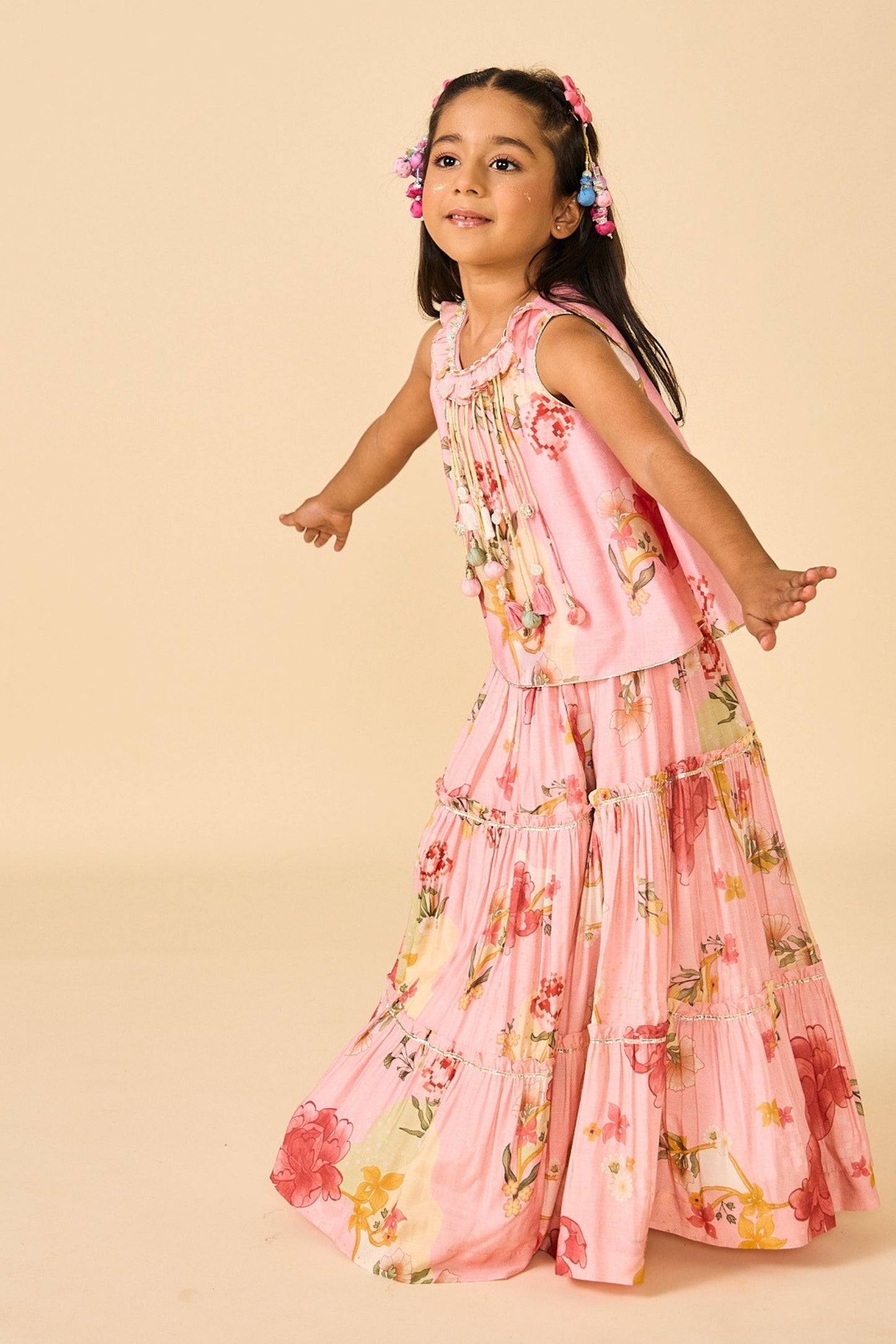 Rose Jaipur Fringe Top With Tiered Skirt ( 2 Pc Set)