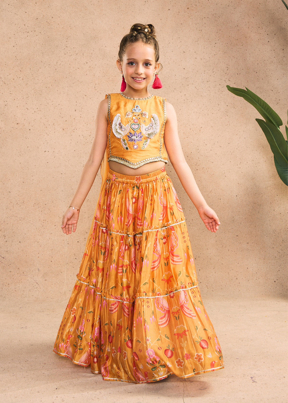 Nella Orange Girls Embellished Crop Top & Skirt (Set of 2 pcs)