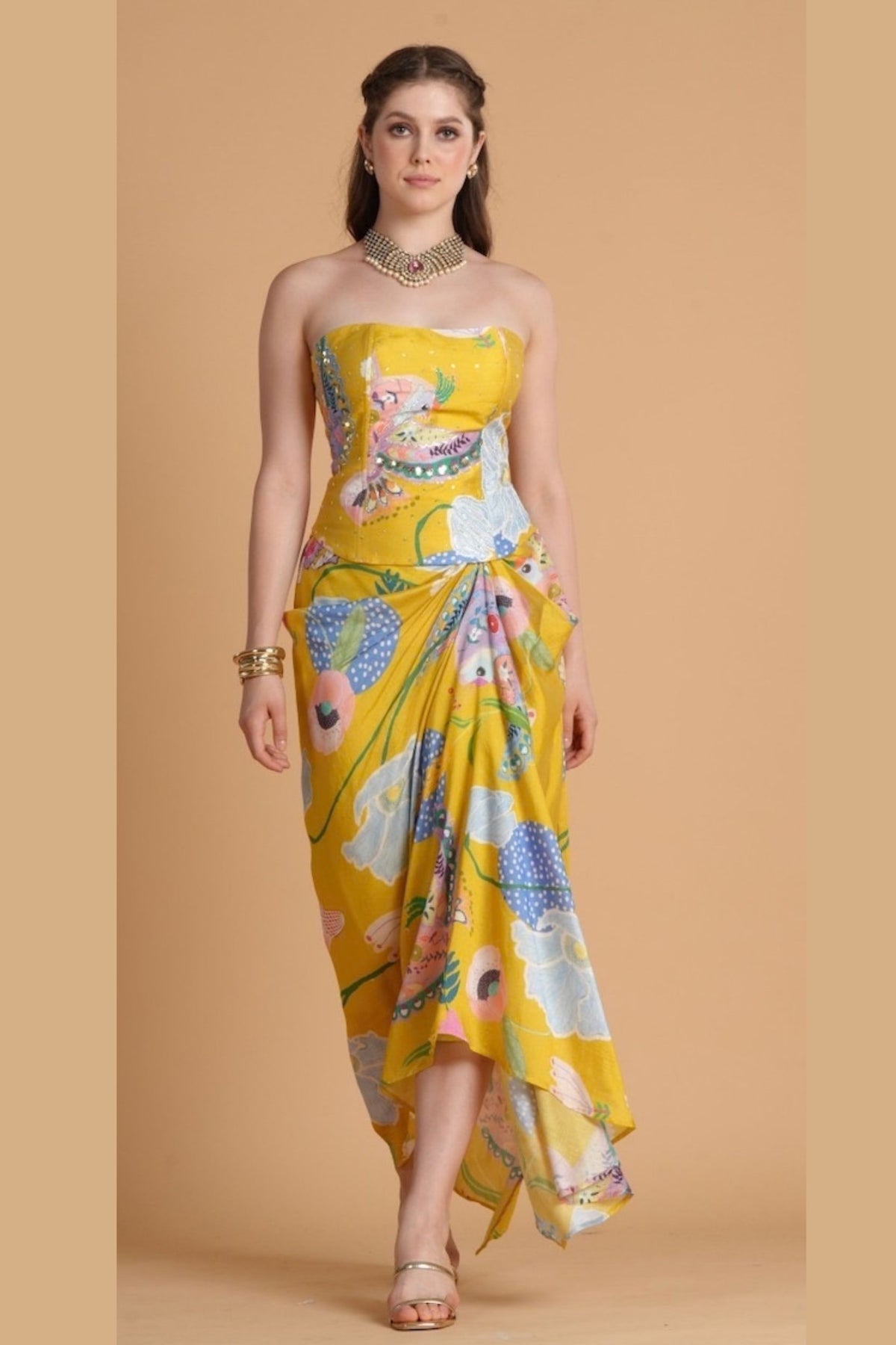 Yellow Bloom Corset and Drape skirt ( 2 pc set)