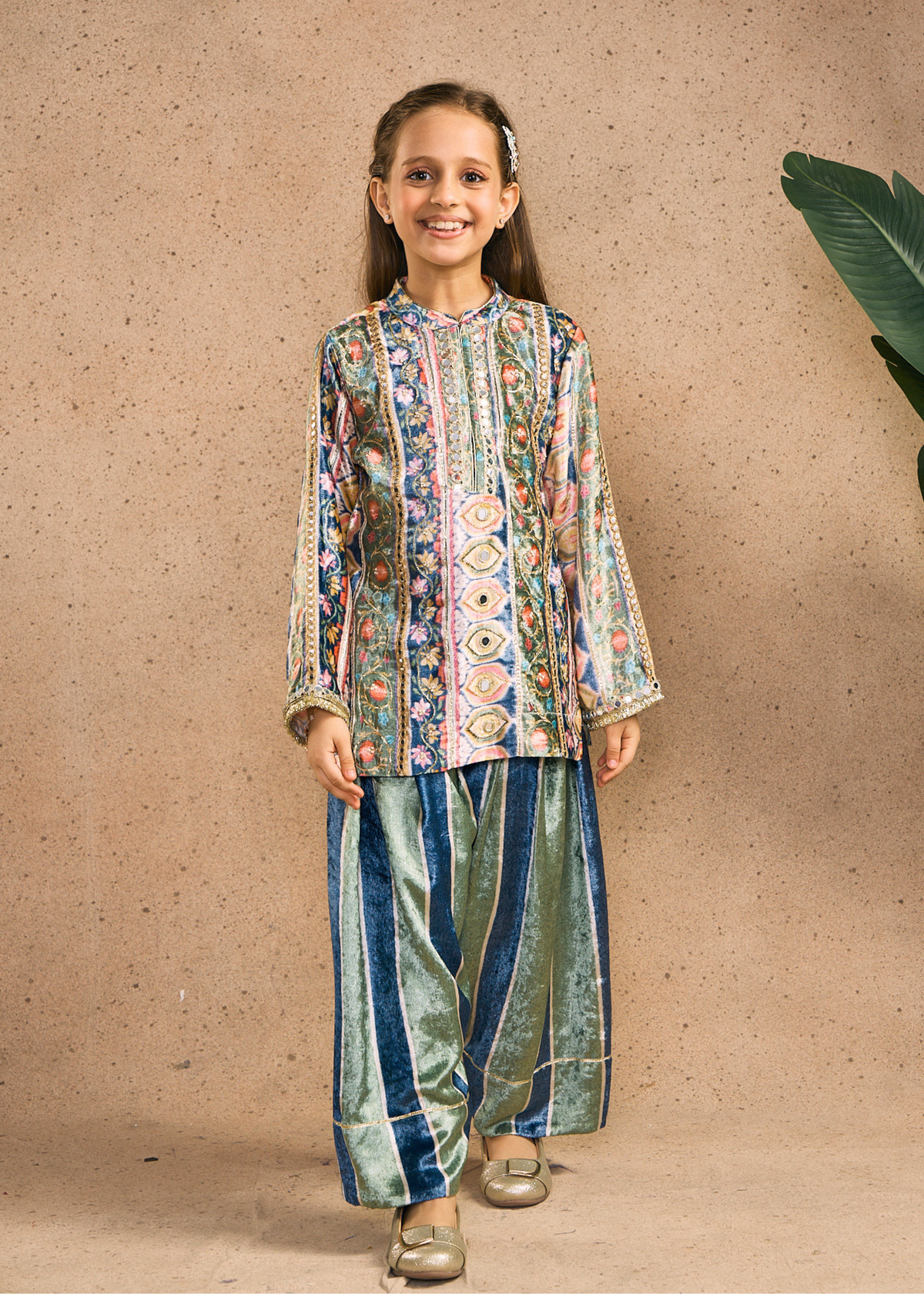 Melanie Stripe Girls Velvet Tunic & Trouser (Set of 2 pcs)