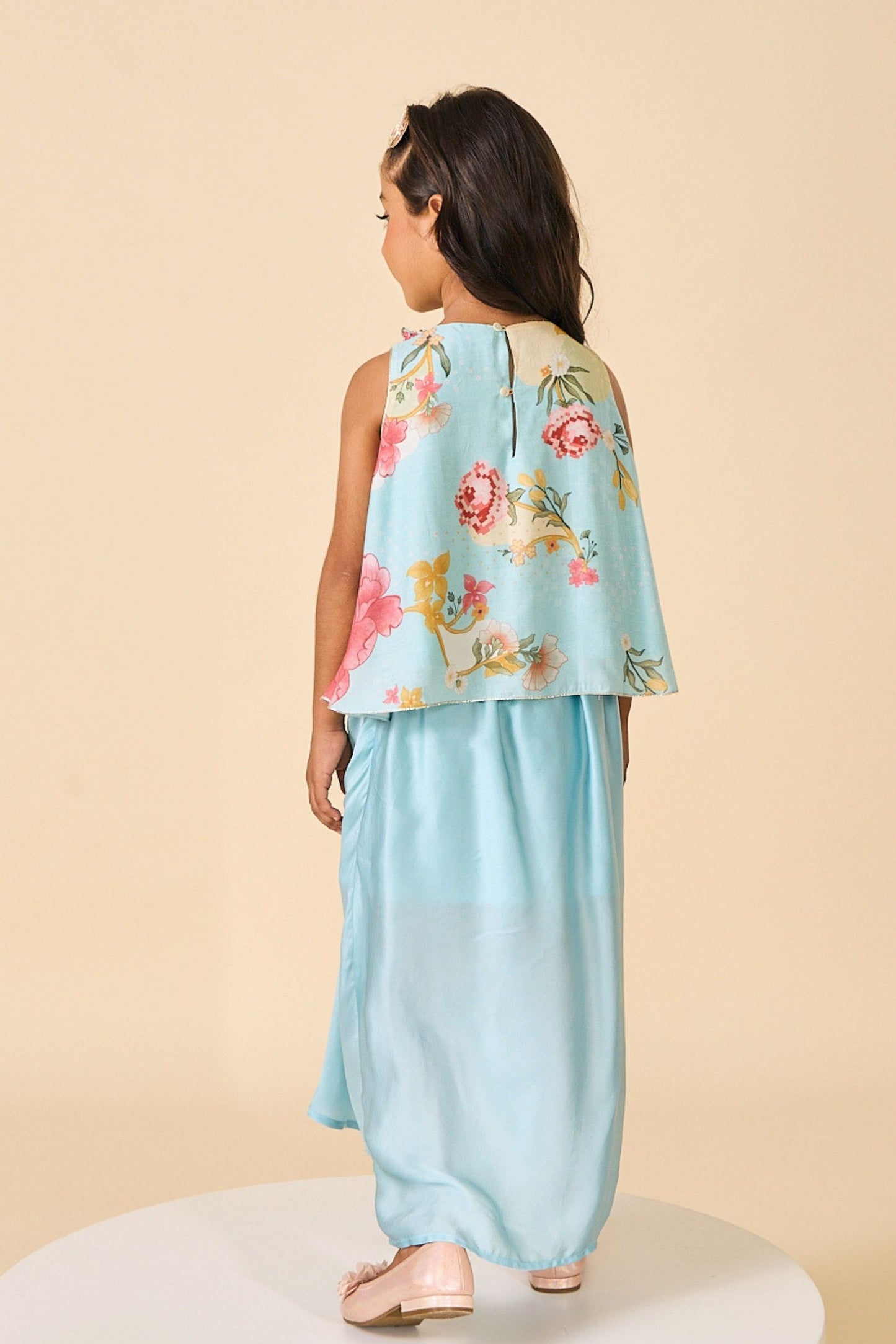 Blue Clay Embellished Girls Fringe Top & Draped Skirt ( 2 Pc Set)