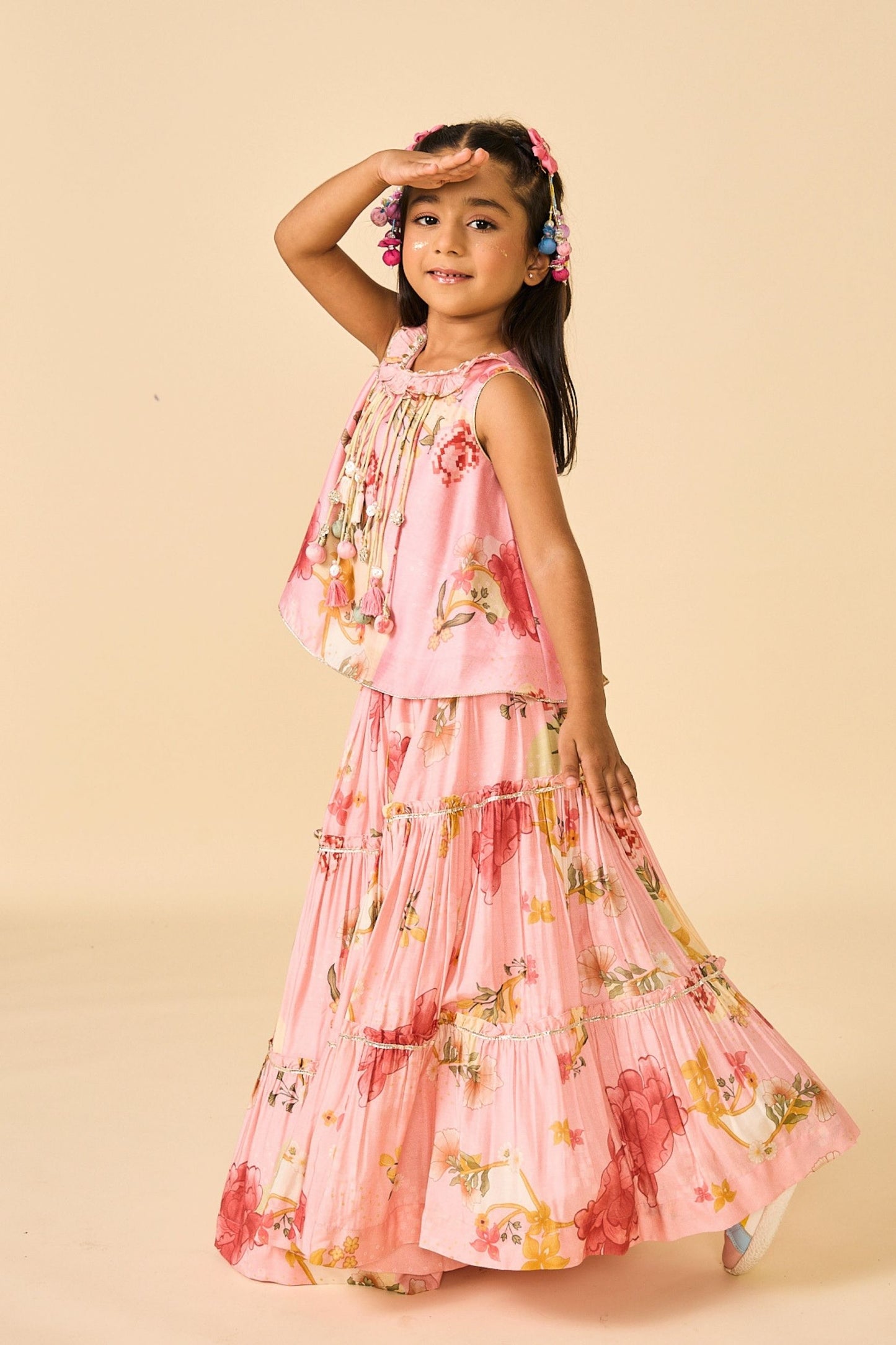 Rose Jaipur Fringe Top With Tiered Skirt ( 2 Pc Set)