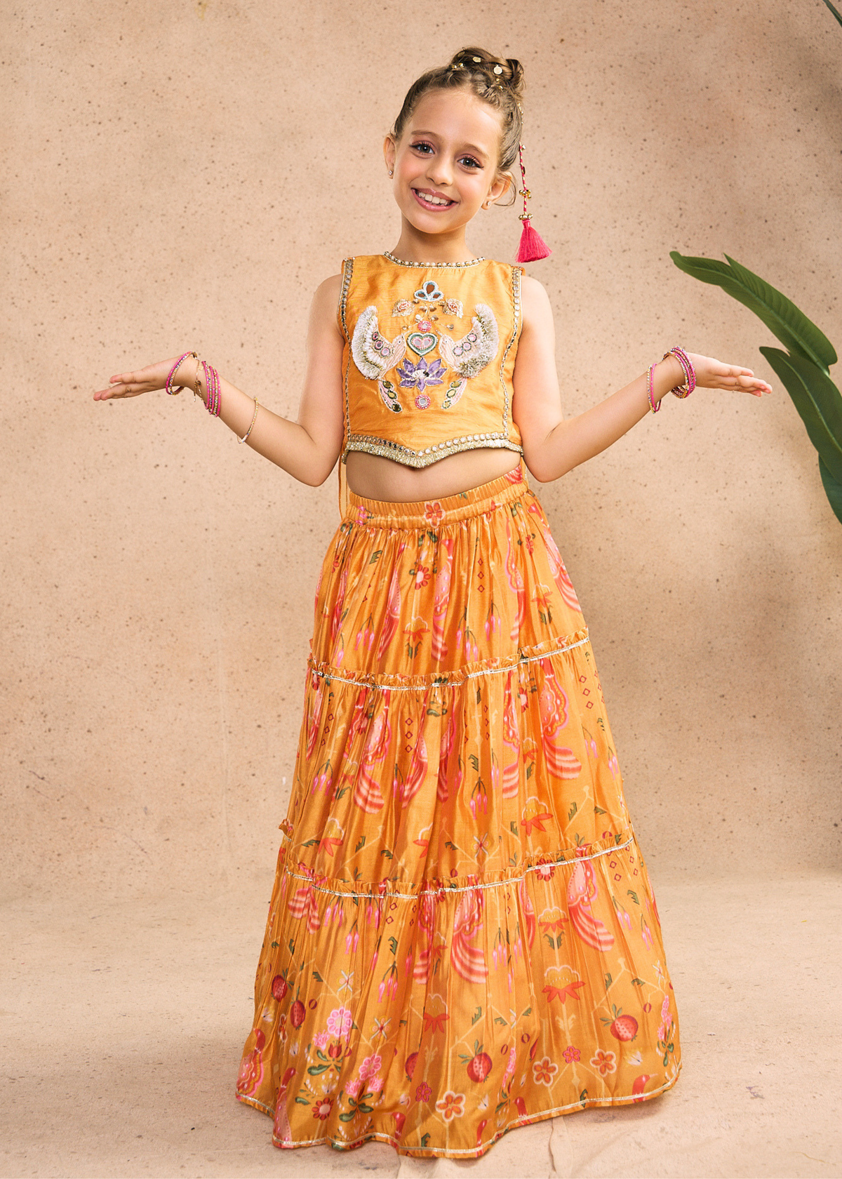 Nella Orange Girls Embellished Crop Top & Skirt (Set of 2 pcs)