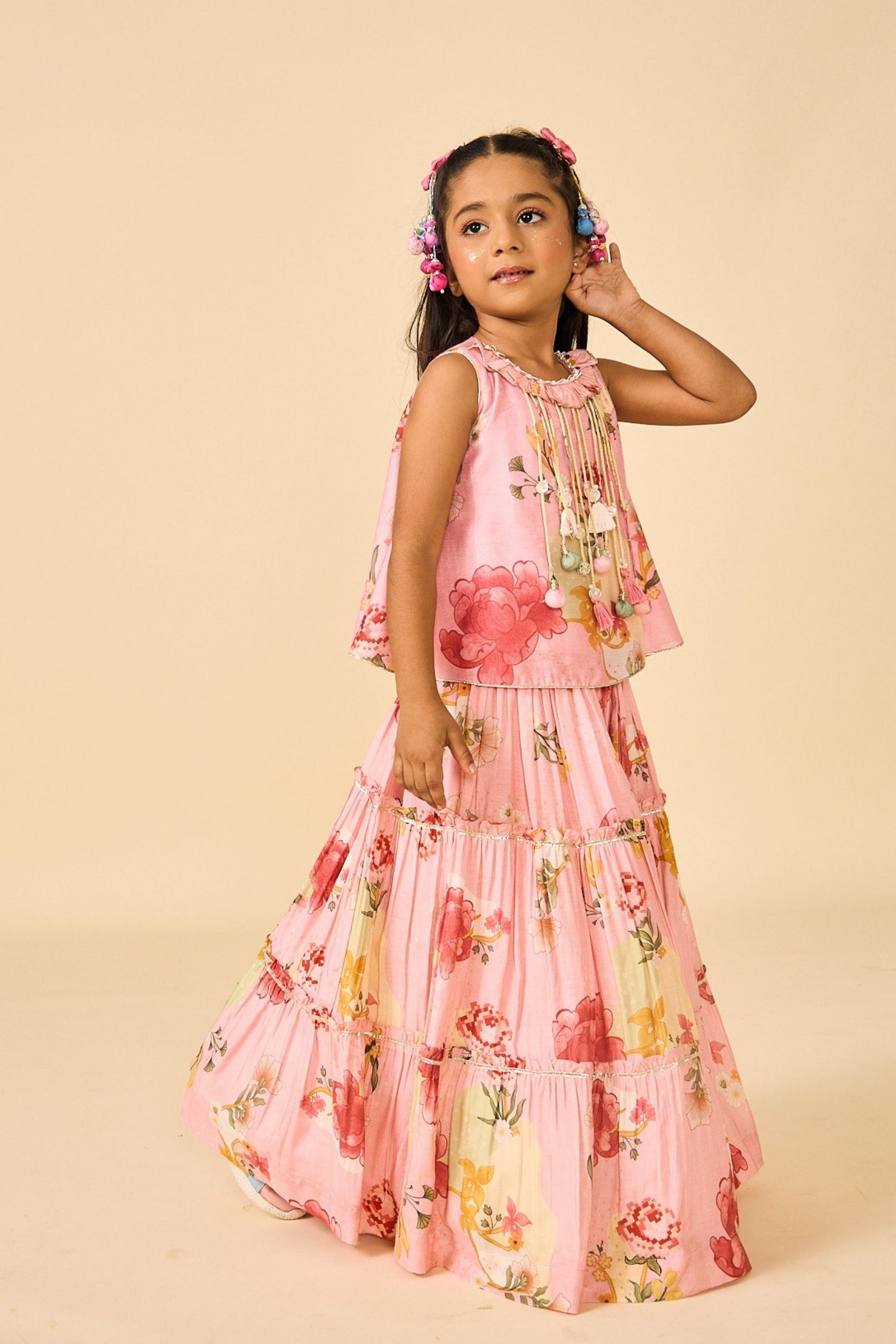 Rose Jaipur Fringe Top With Tiered Skirt ( 2 Pc Set)