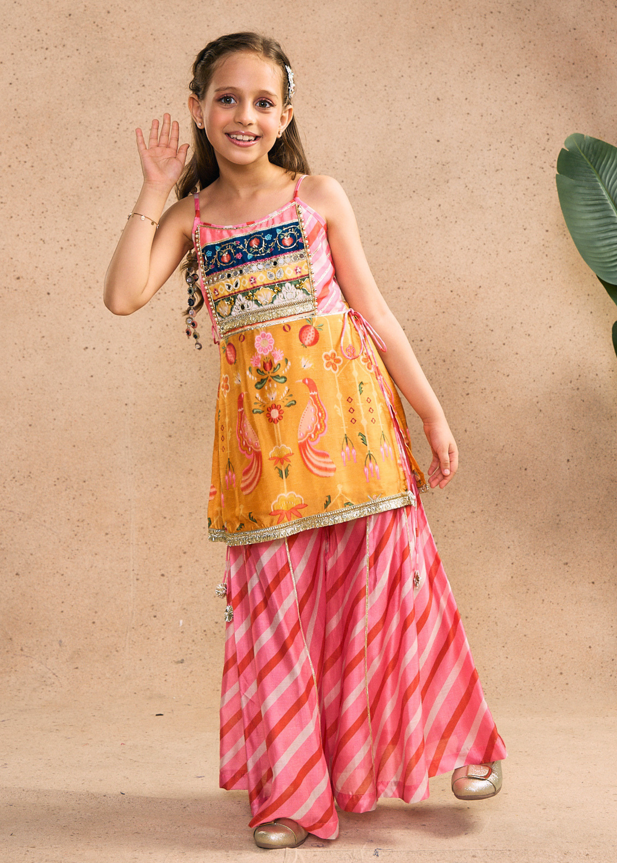 Nella Orange Girls Embellished Strappy Top, Flared Pants & Dupatta (Set of 3 pcs)