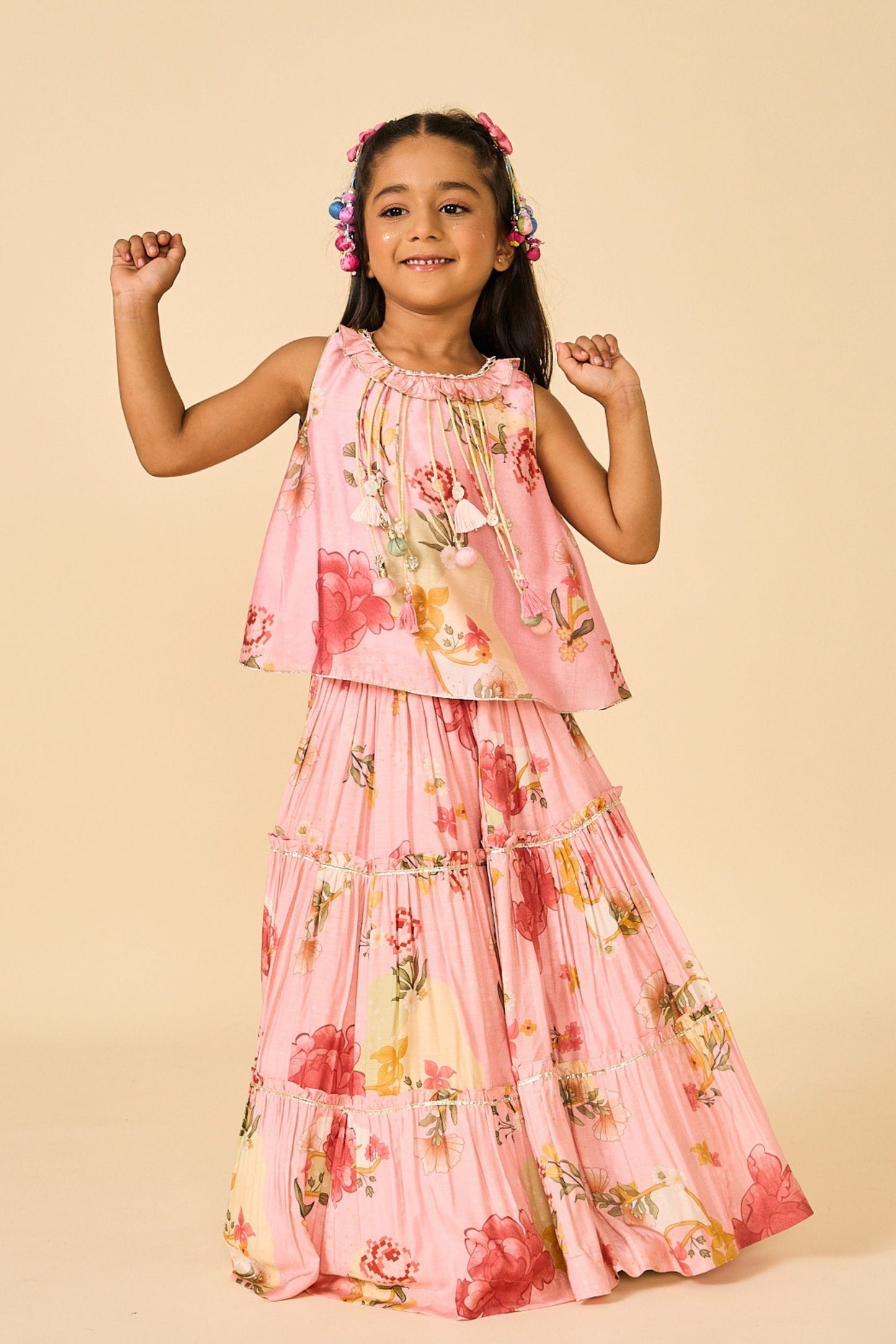 Rose Jaipur Fringe Top With Tiered Skirt ( 2 Pc Set)