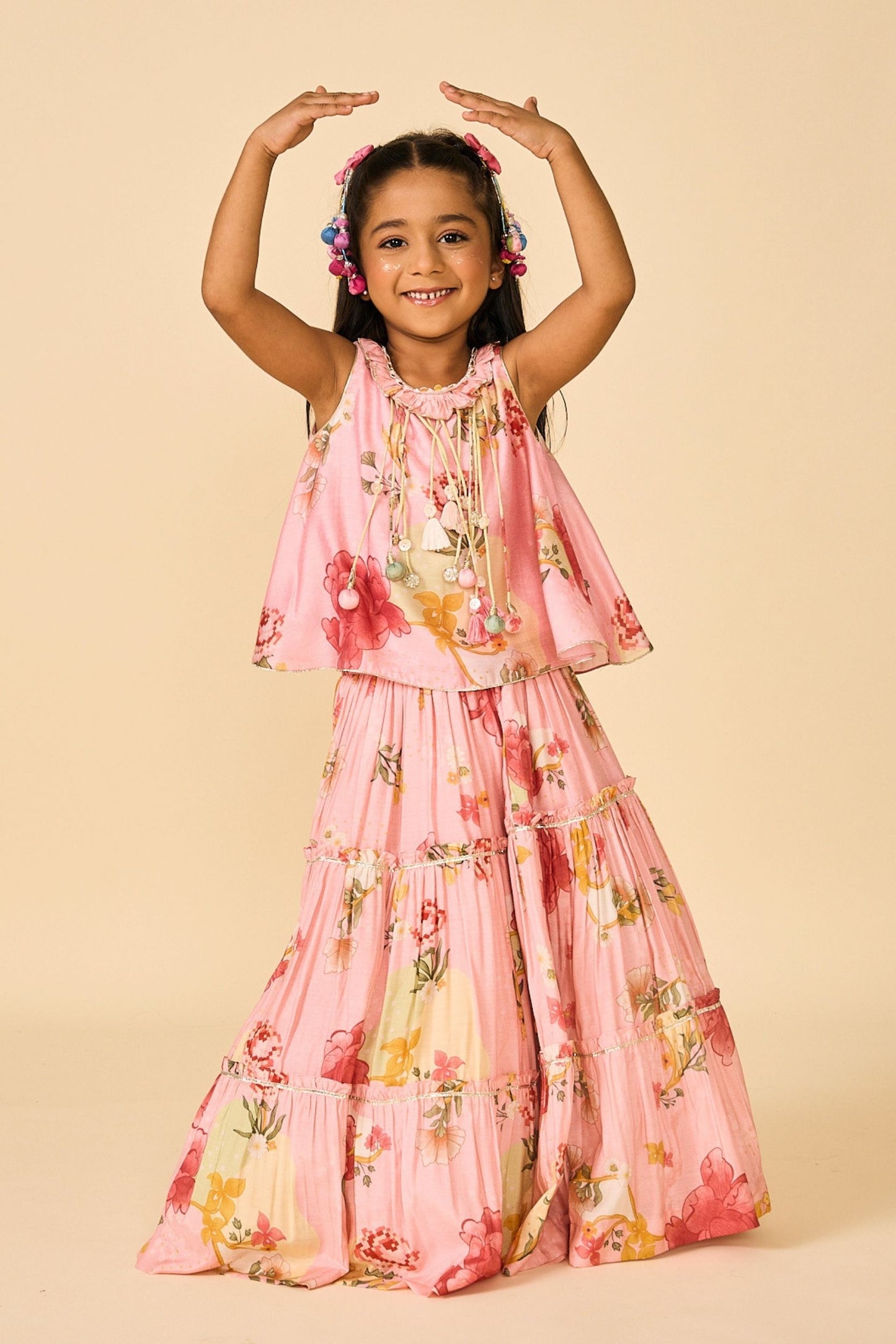 Rose Jaipur Fringe Top With Tiered Skirt ( 2 Pc Set)