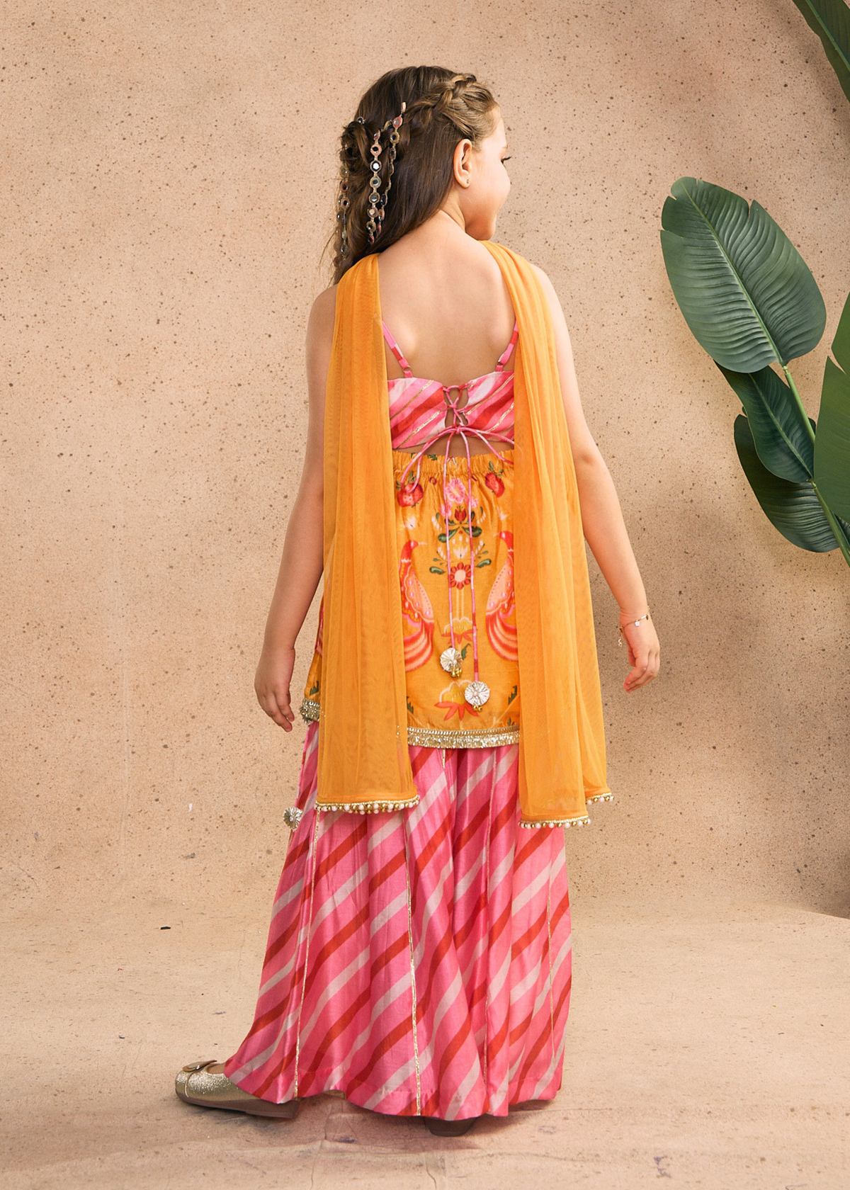 Nella Orange Girls Embellished Strappy Top, Flared Pants & Dupatta (Set of 3 pcs)