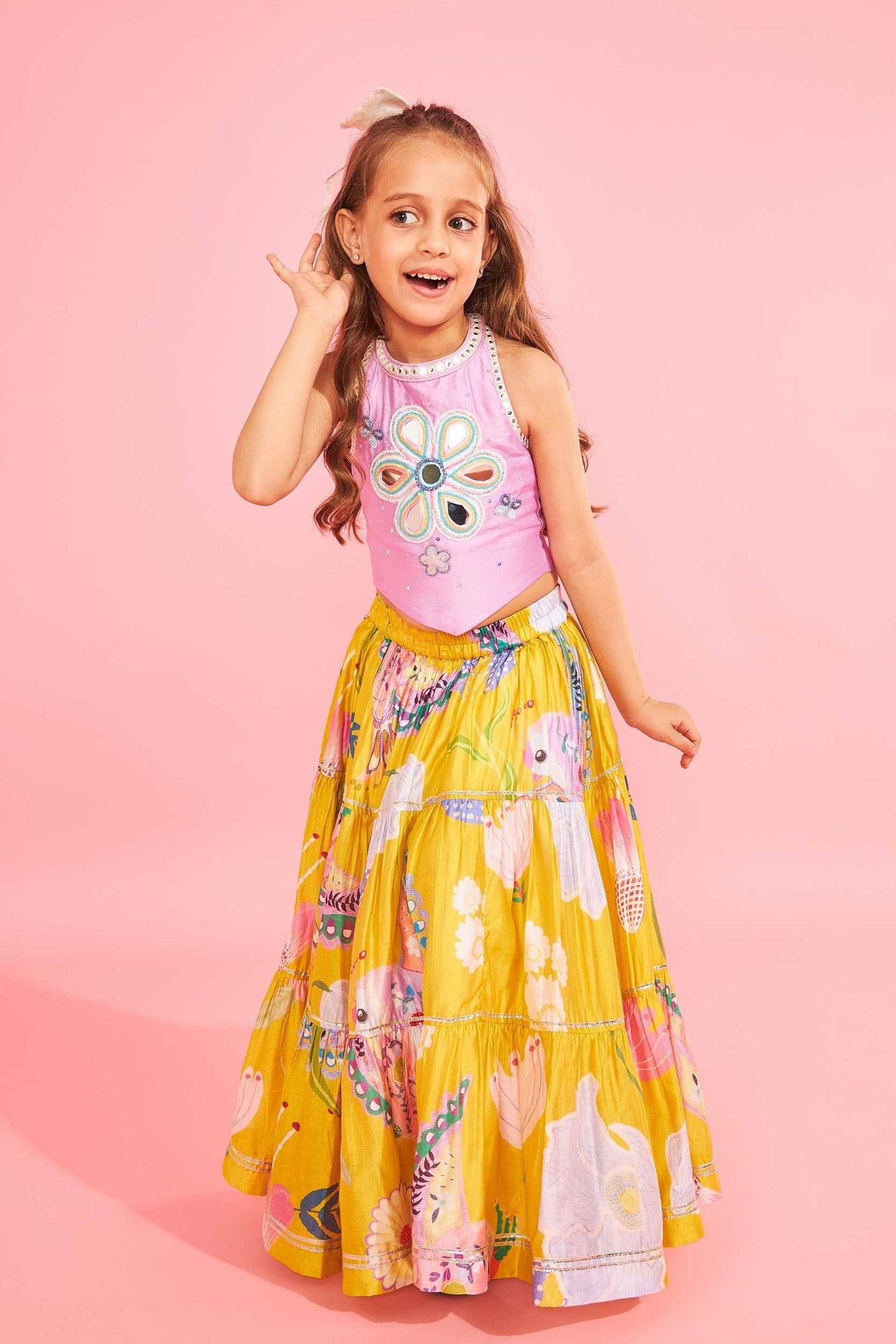 Yellow Bloom Girls Embellished Lavender Top With Tiered Skirt (3 Pc Set)