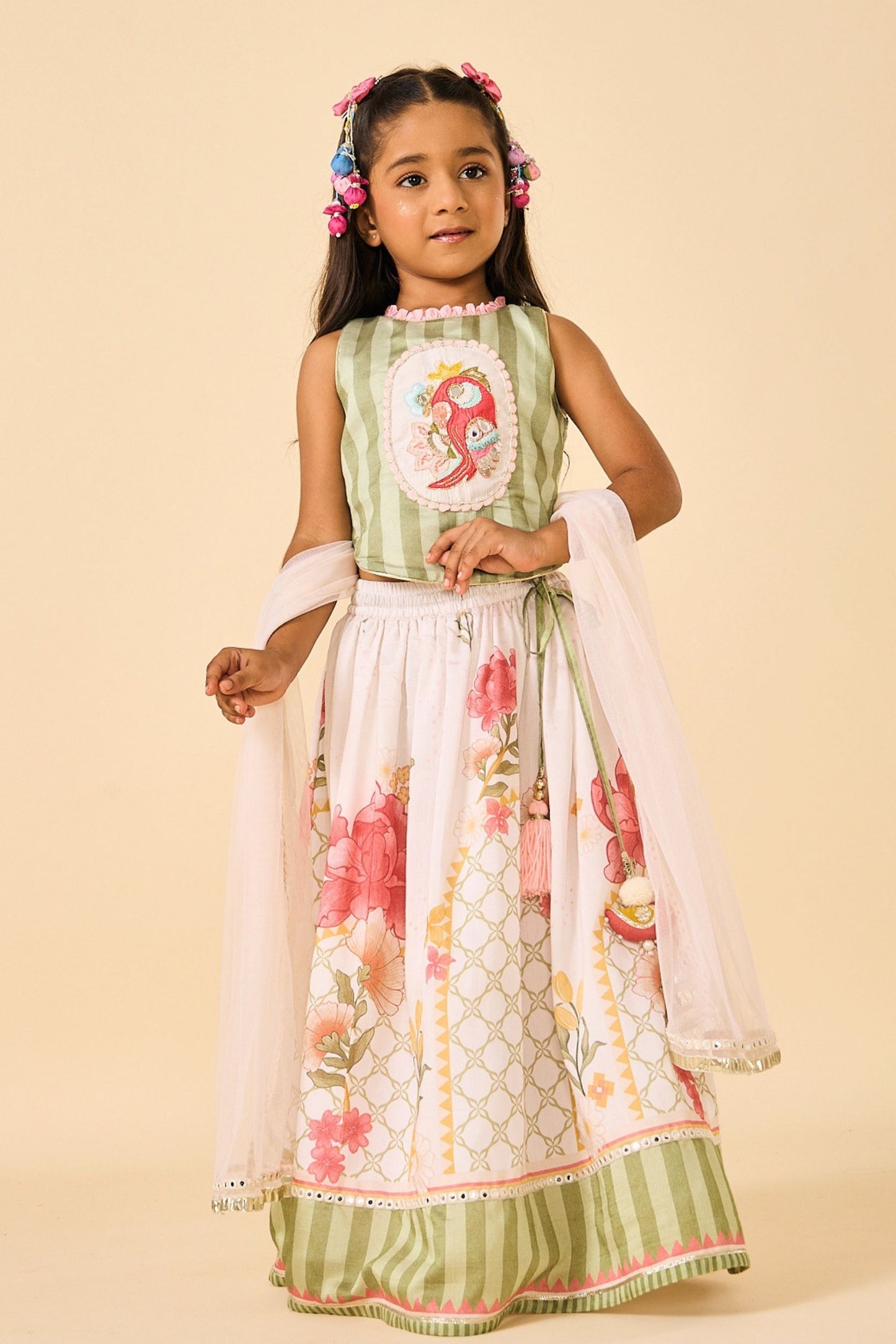 White Makrana Girls Embellished Parrot Top With Skirt & Dupatta( 3 Pc Set)