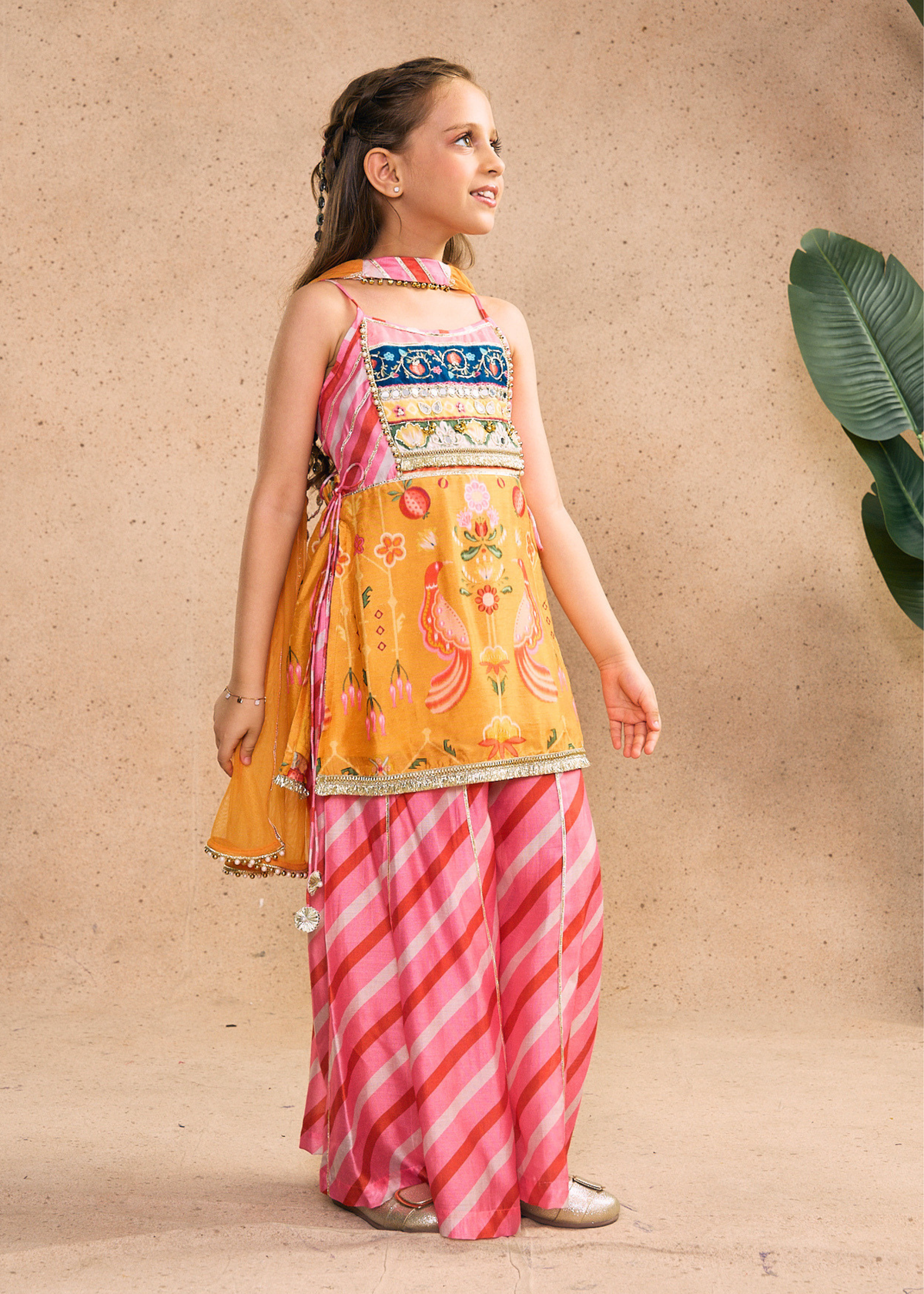 Nella Orange Girls Embellished Strappy Top, Flared Pants & Dupatta (Set of 3 pcs)