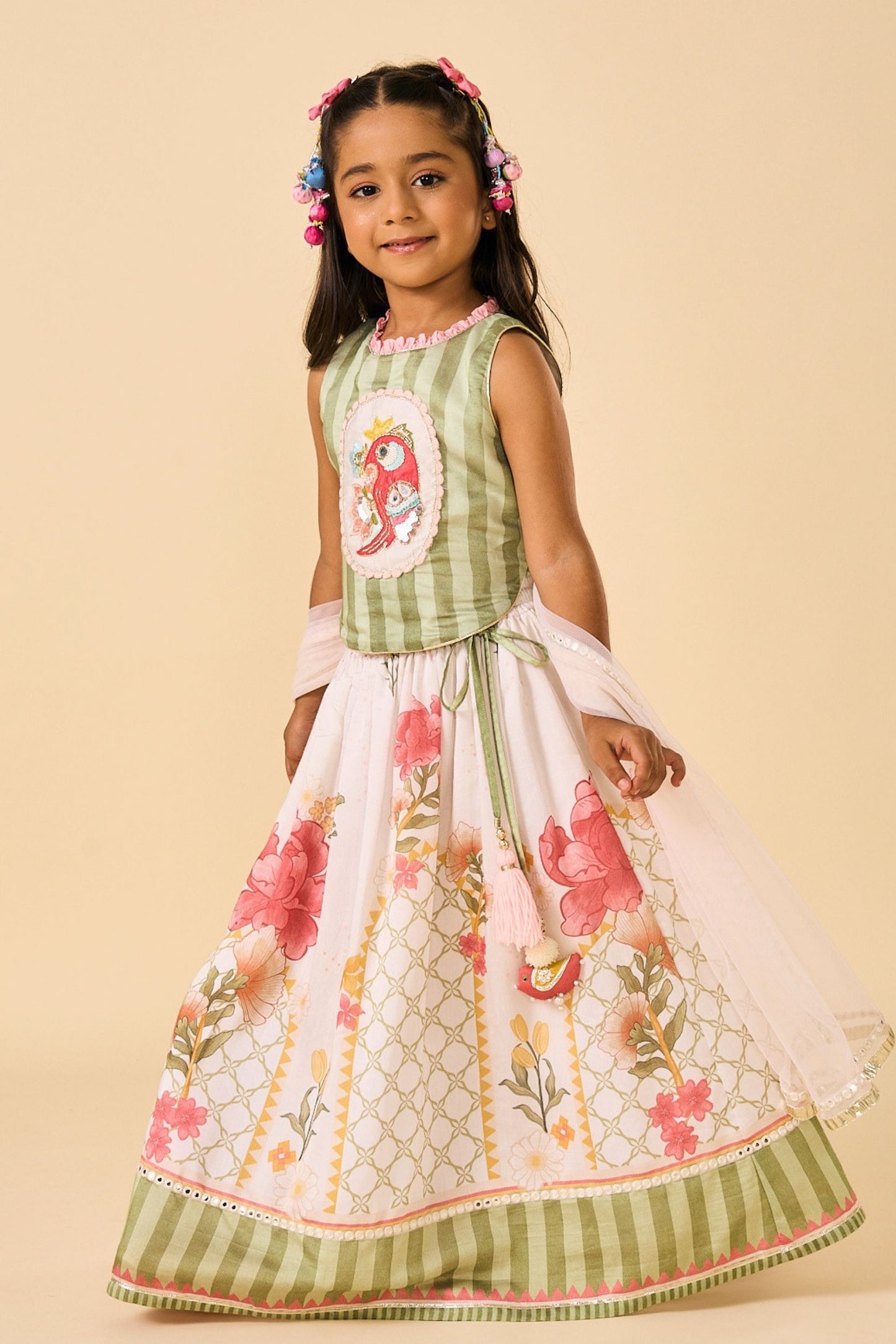 White Makrana Girls Embellished Parrot Top With Skirt & Dupatta( 3 Pc Set)