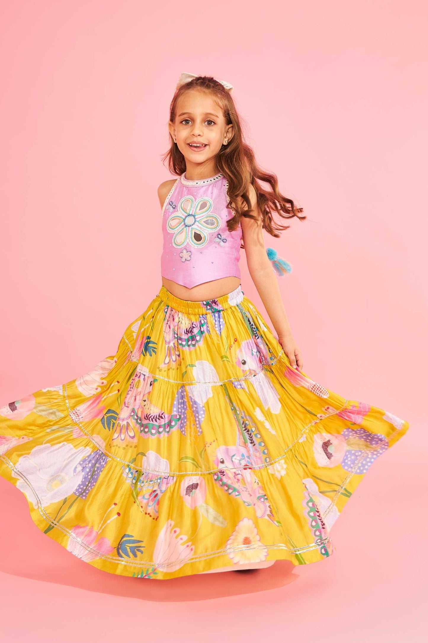 Yellow Bloom Girls Embellished Lavender Top With Tiered Skirt (3 Pc Set)