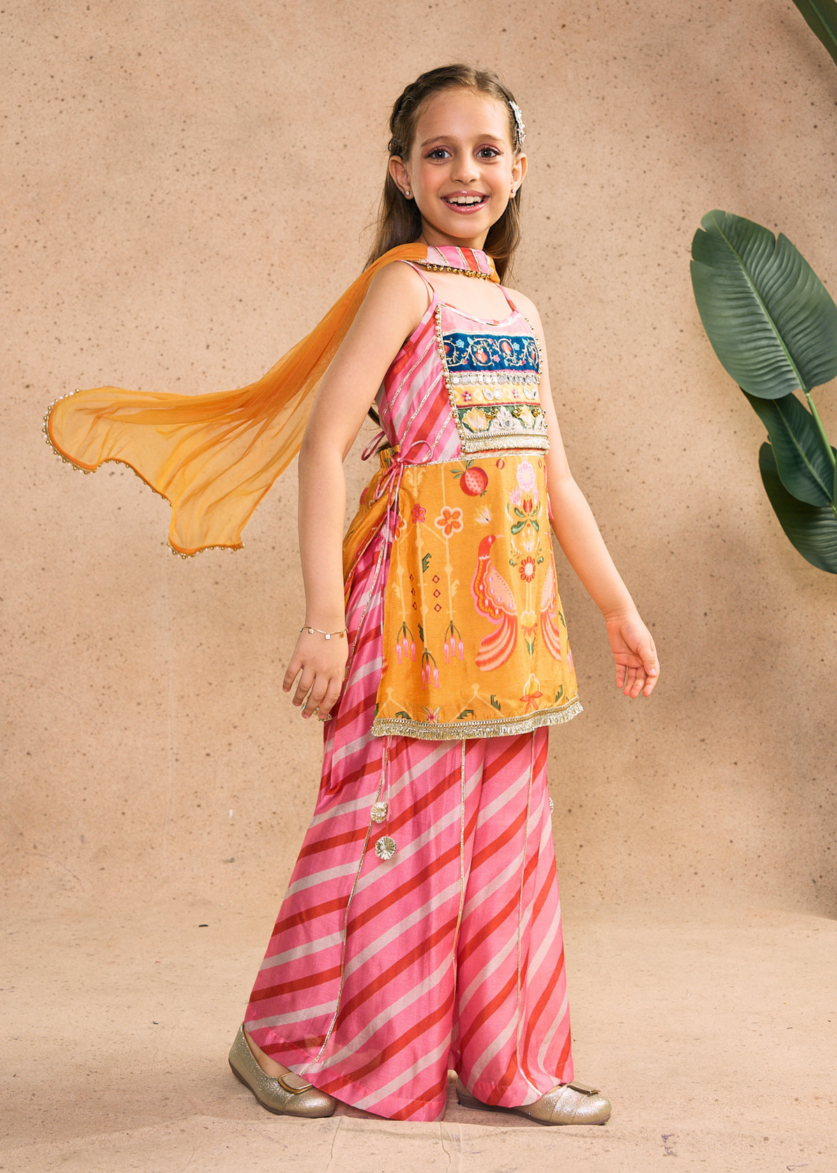 Nella Orange Girls Embellished Strappy Top, Flared Pants & Dupatta (Set of 3 pcs)