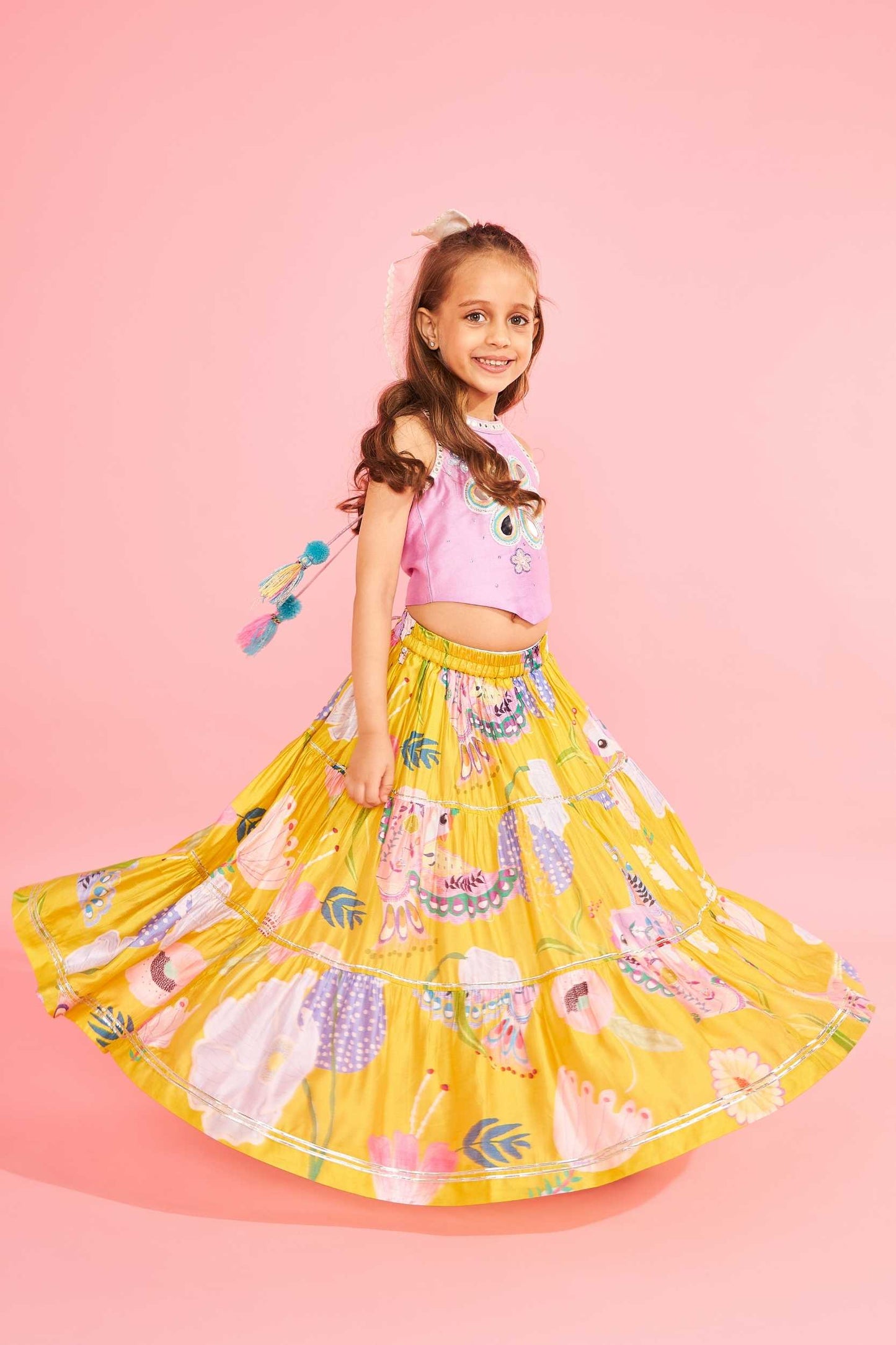 Yellow Bloom Girls Embellished Lavender Top With Tiered Skirt (3 Pc Set)