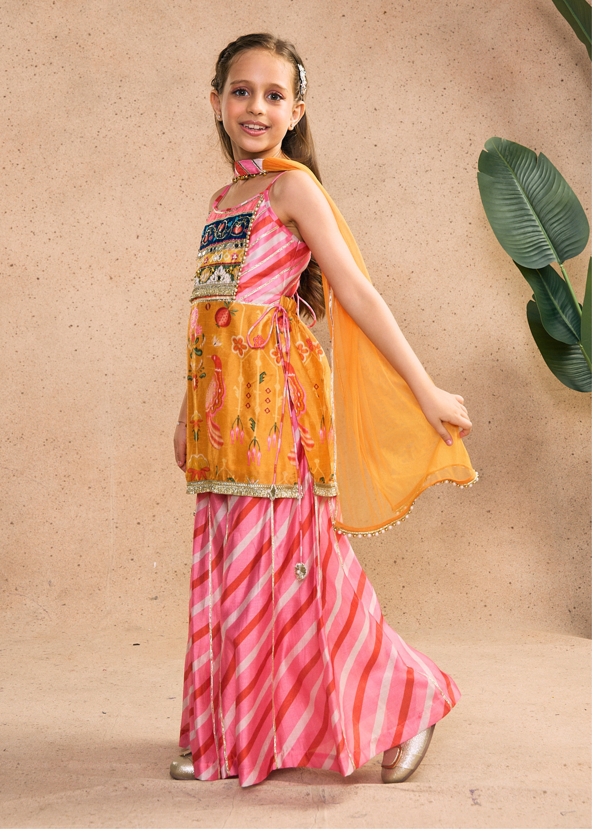 Nella Orange Girls Embellished Strappy Top, Flared Pants & Dupatta (Set of 3 pcs)