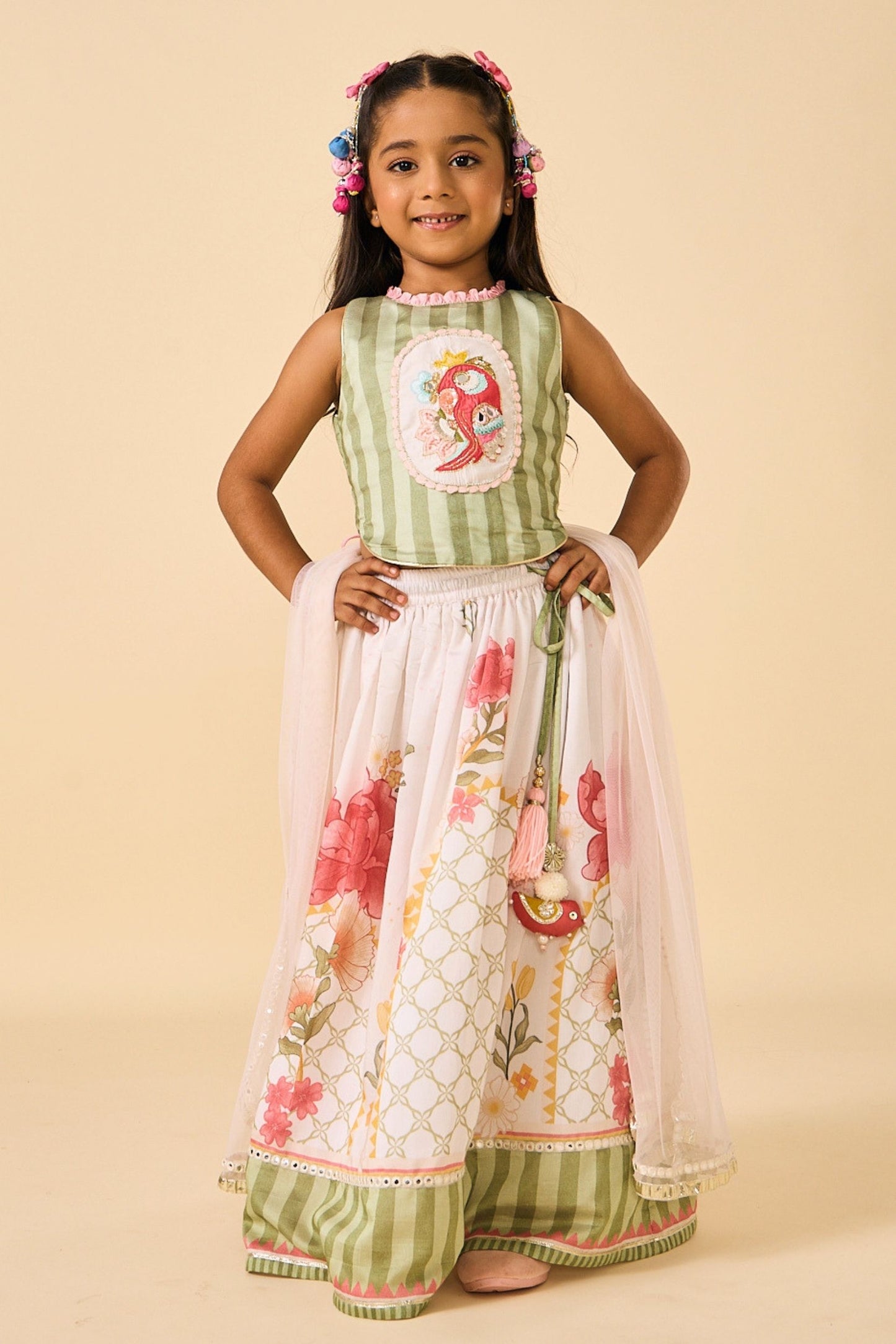 White Makrana Girls Embellished Parrot Top With Skirt & Dupatta( 3 Pc Set)