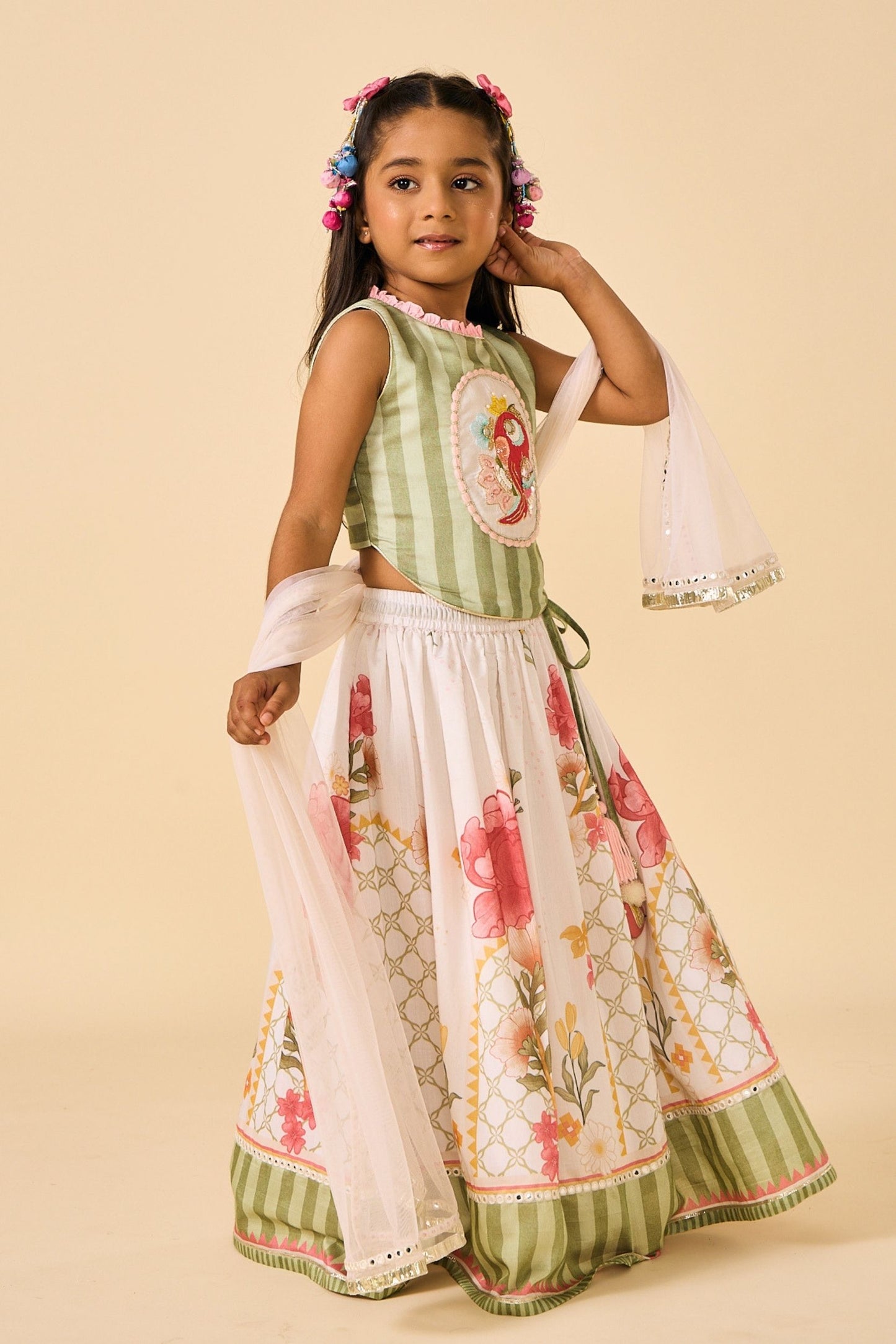 White Makrana Girls Embellished Parrot Top With Skirt & Dupatta( 3 Pc Set)
