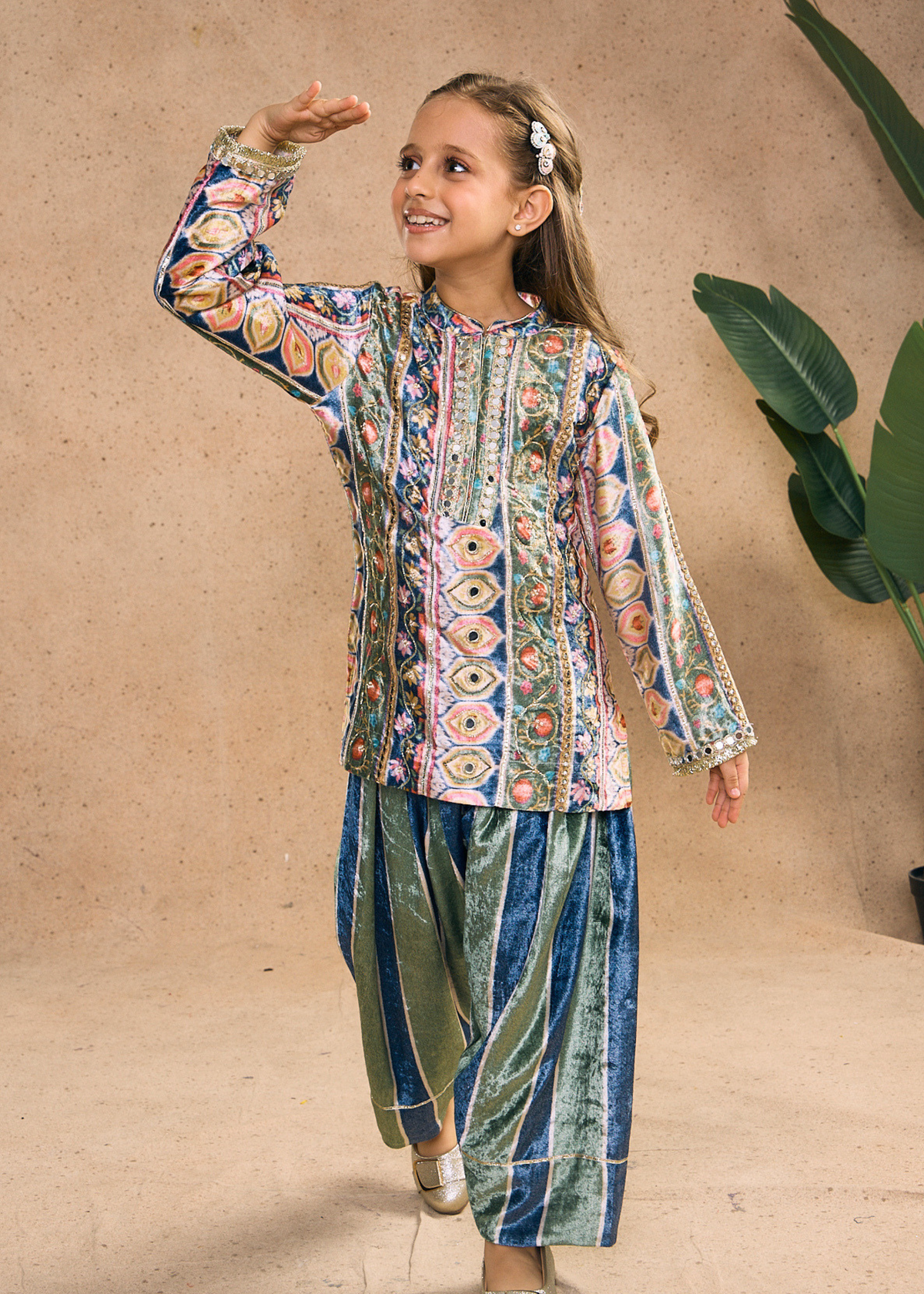 Melanie Stripe Girls Velvet Tunic & Trouser (Set of 2 pcs)