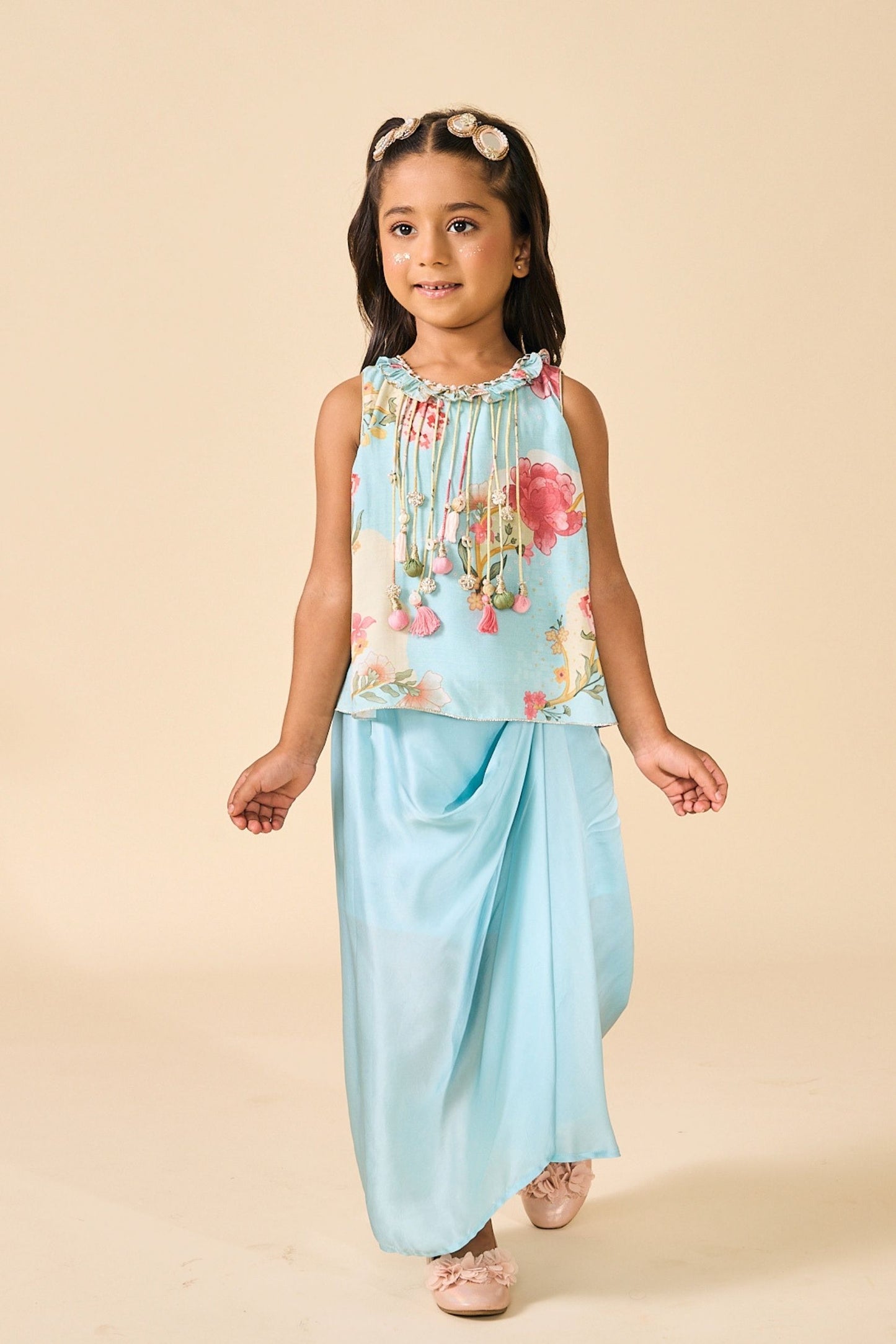 Blue Clay Embellished Girls Fringe Top & Draped Skirt ( 2 Pc Set)