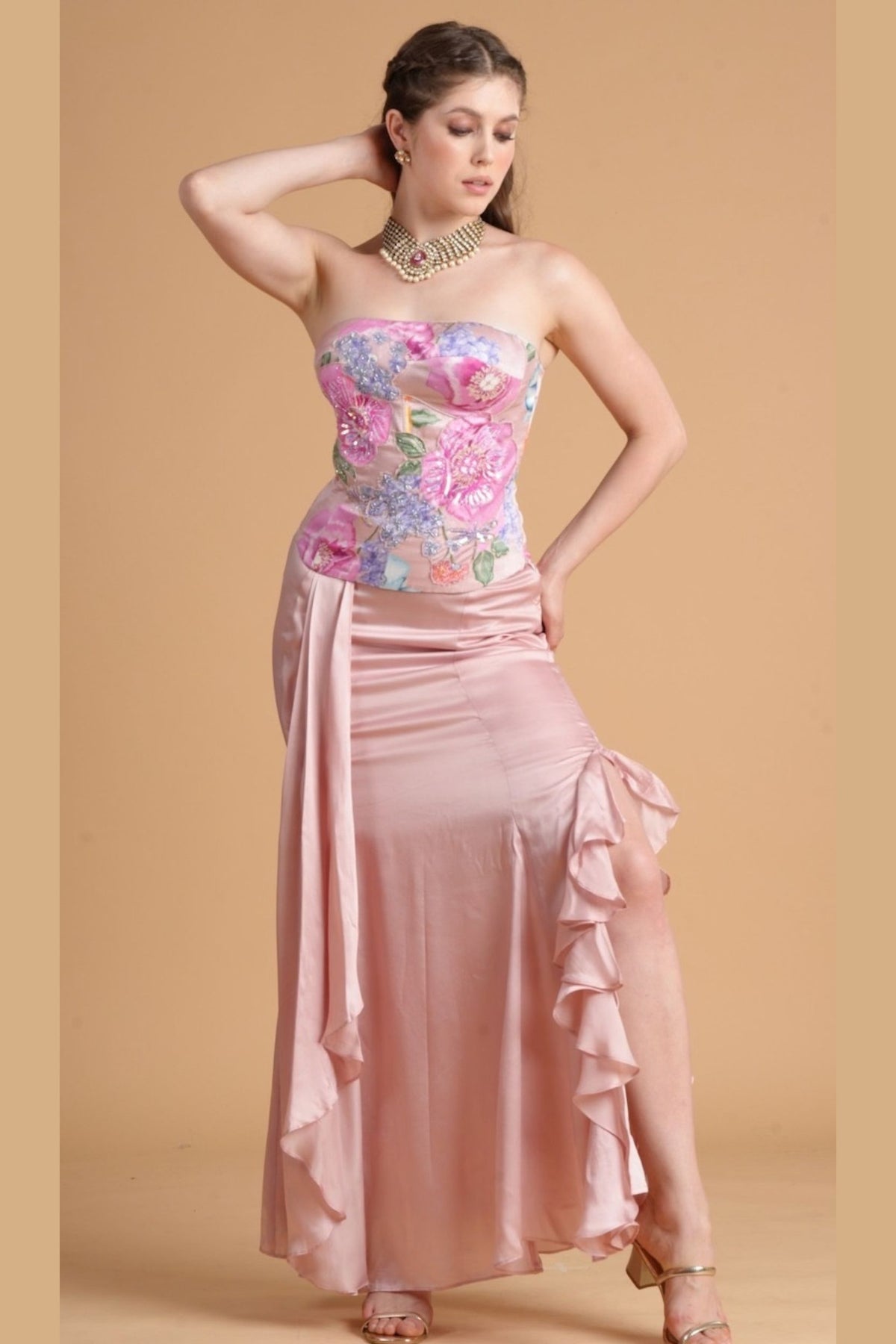 Zehra Pink Corset and Drape skirt ( 2 pc set)