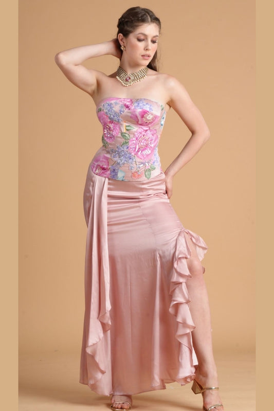 Zehra Pink Corset and Drape skirt ( 2 pc set)