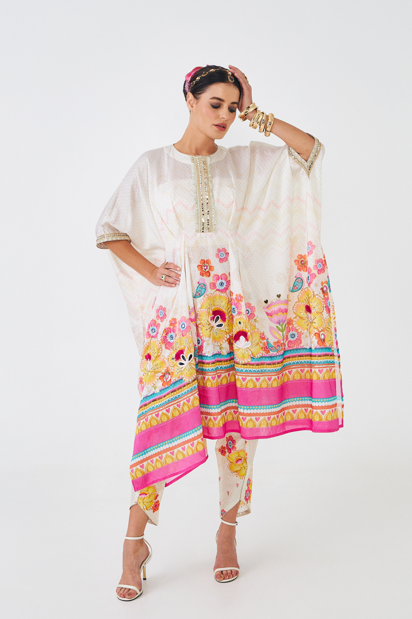 Freya Mustard Ladies Embroidered  Tunic With Tulip Trousers ( Set of 2 Pcs)