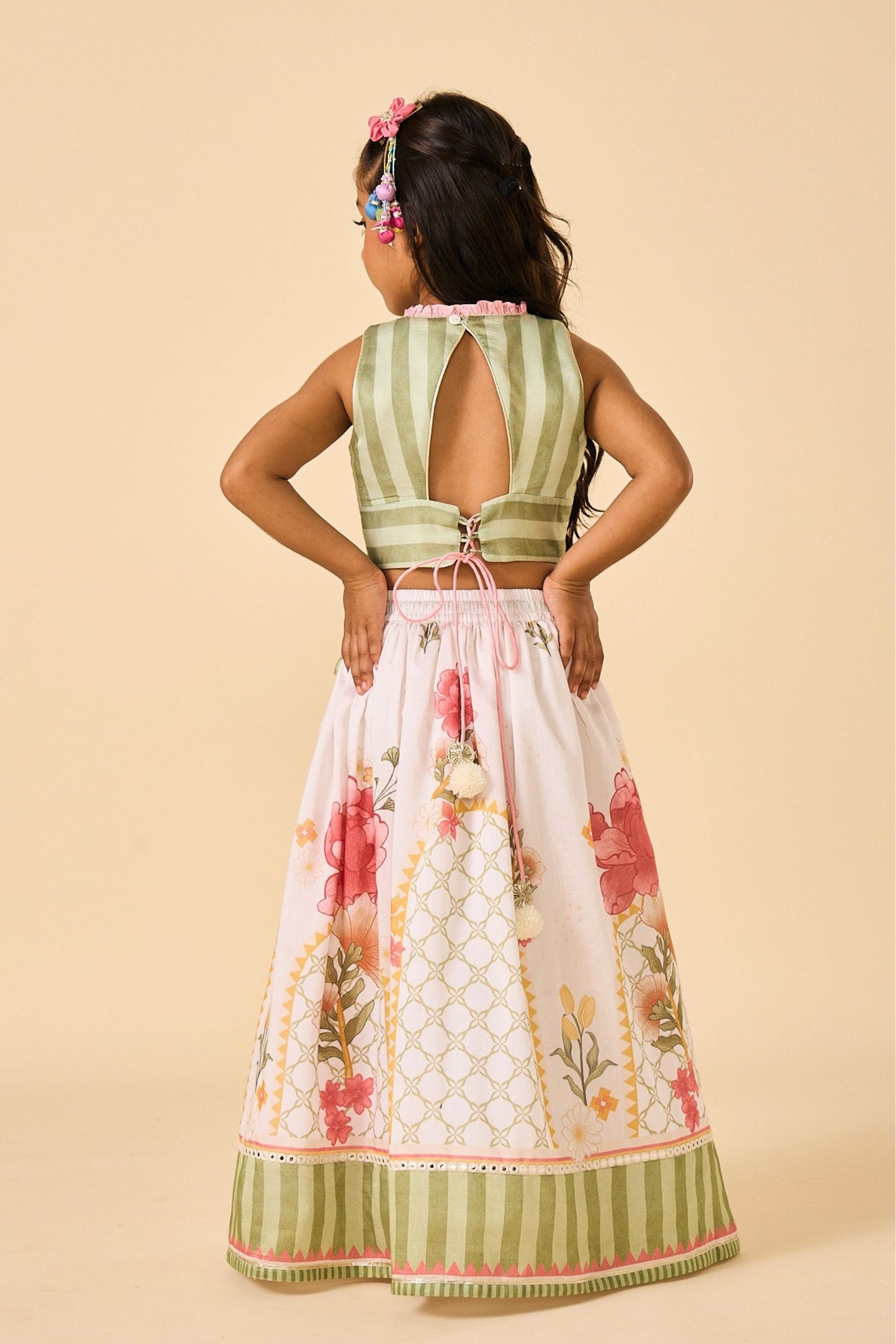 White Makrana Girls Embellished Parrot Top With Skirt & Dupatta( 3 Pc Set)
