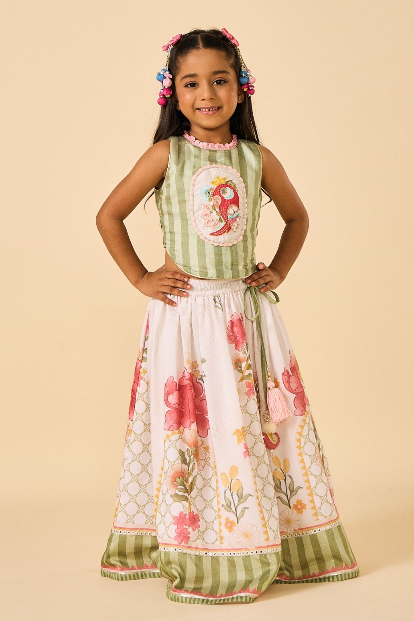 White Makrana Girls Embellished Parrot Top With Skirt & Dupatta( 3 Pc Set)