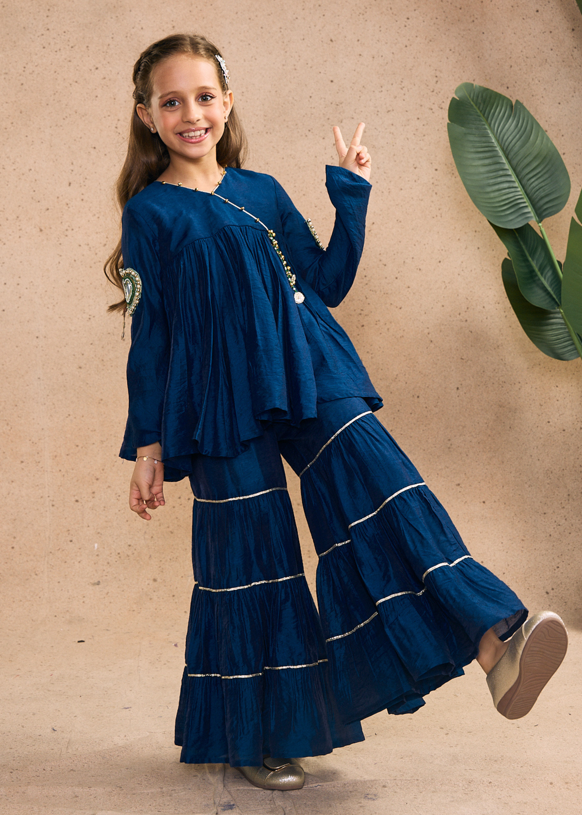Dalia Navy Girls Embellished Peplum Top & Sharara (Set of 2 pcs)