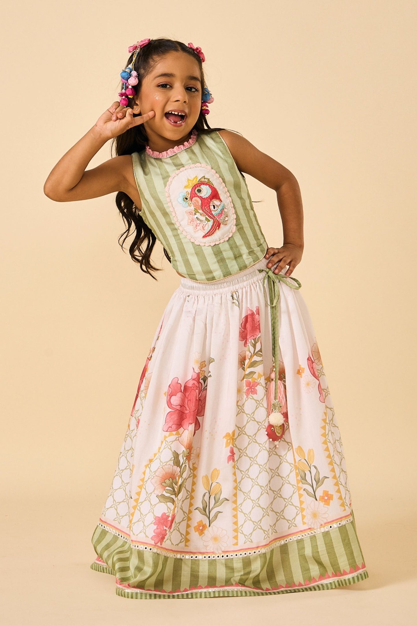 White Makrana Girls Embellished Parrot Top With Skirt & Dupatta( 3 Pc Set)