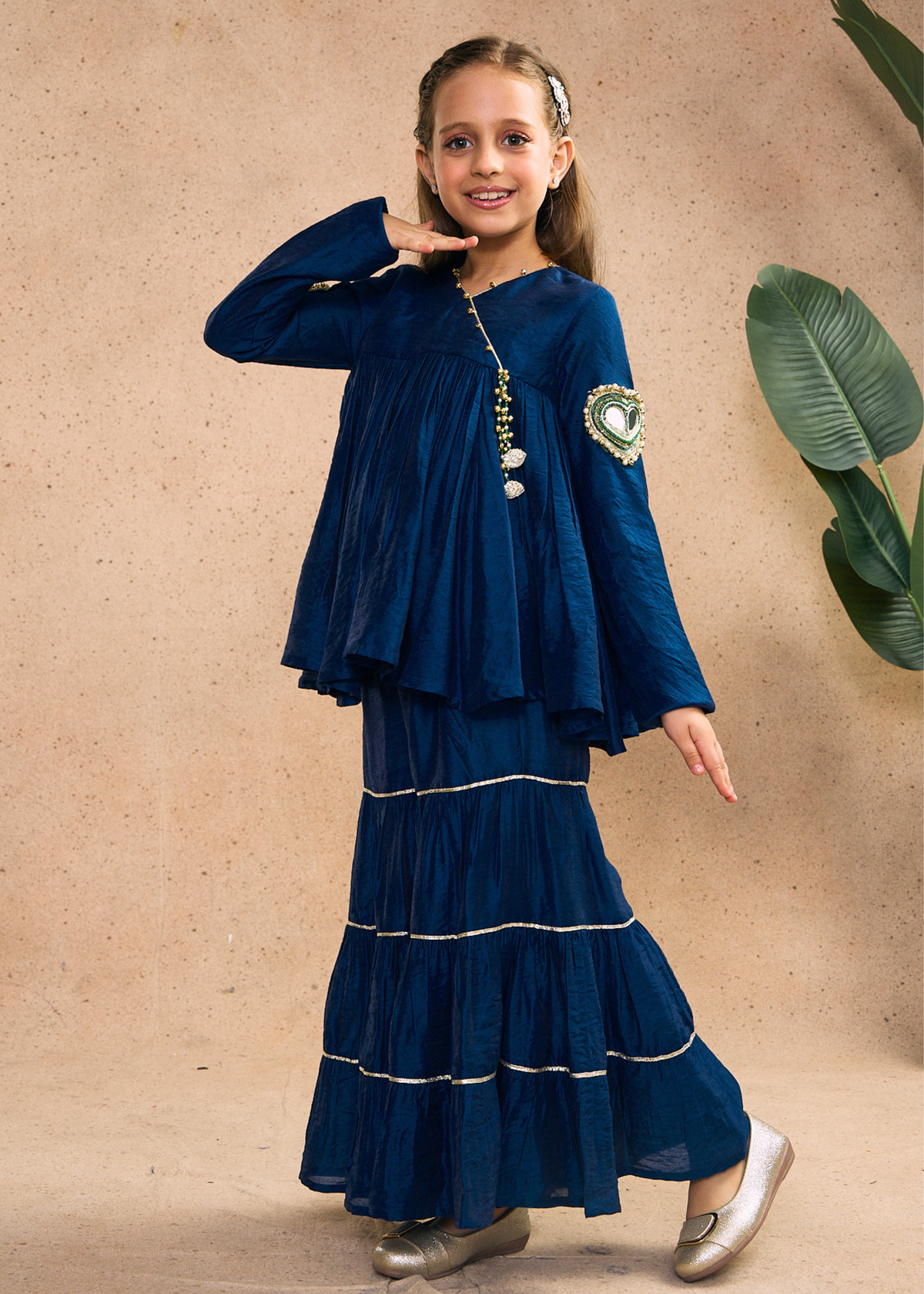 Dalia Navy Girls Embellished Peplum Top & Sharara (Set of 2 pcs)