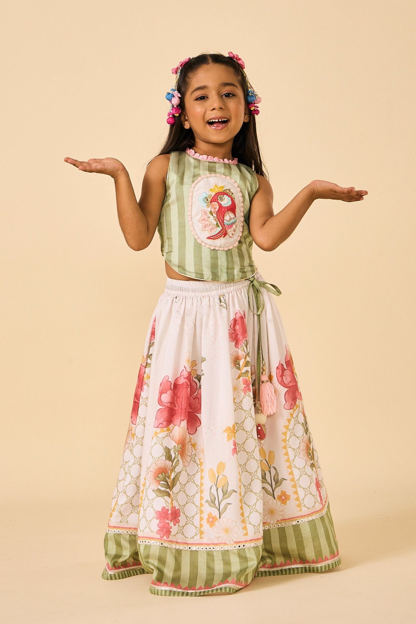 White Makrana Girls Embellished Parrot Top With Skirt & Dupatta( 3 Pc Set)