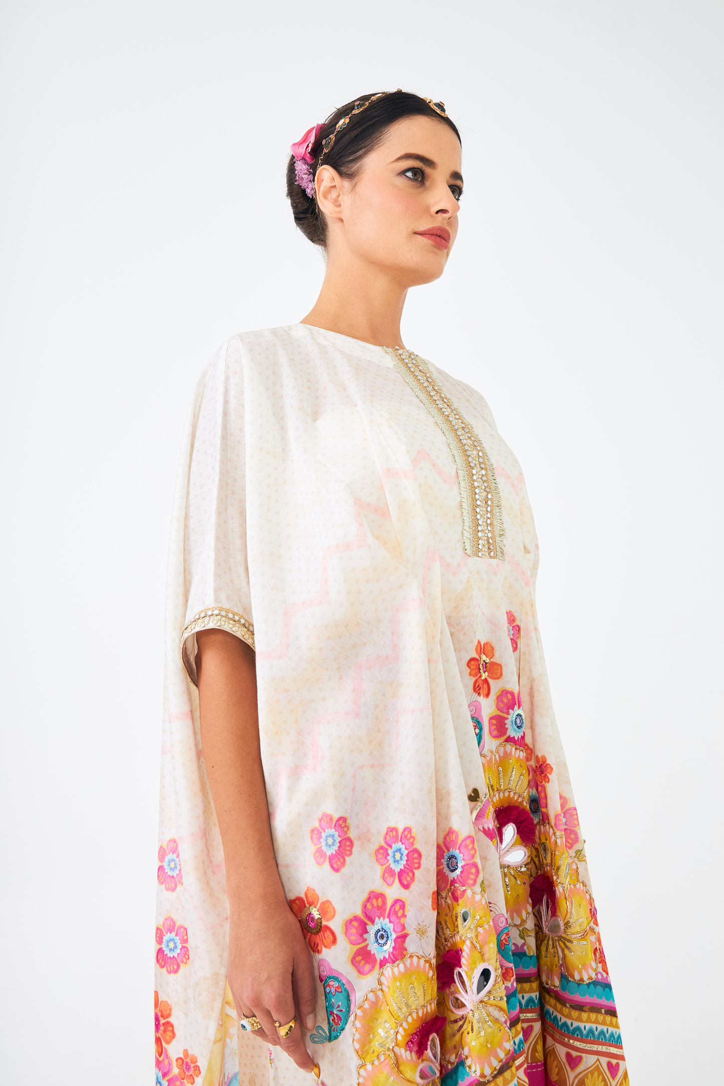 Freya Mustard Ladies Embroidered  Tunic With Tulip Trousers ( Set of 2 Pcs)