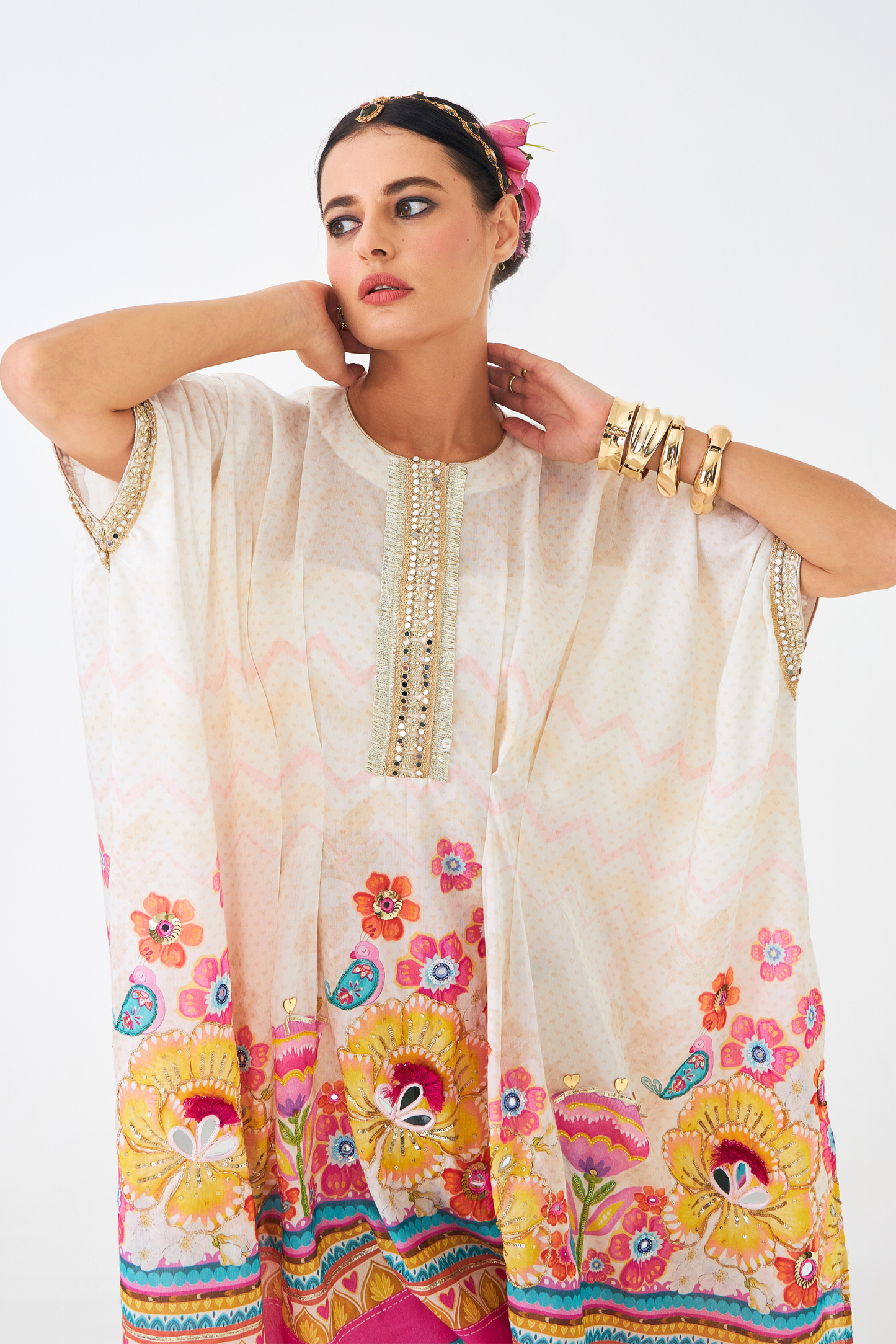 Freya Mustard Ladies Embroidered  Tunic With Tulip Trousers ( Set of 2 Pcs)